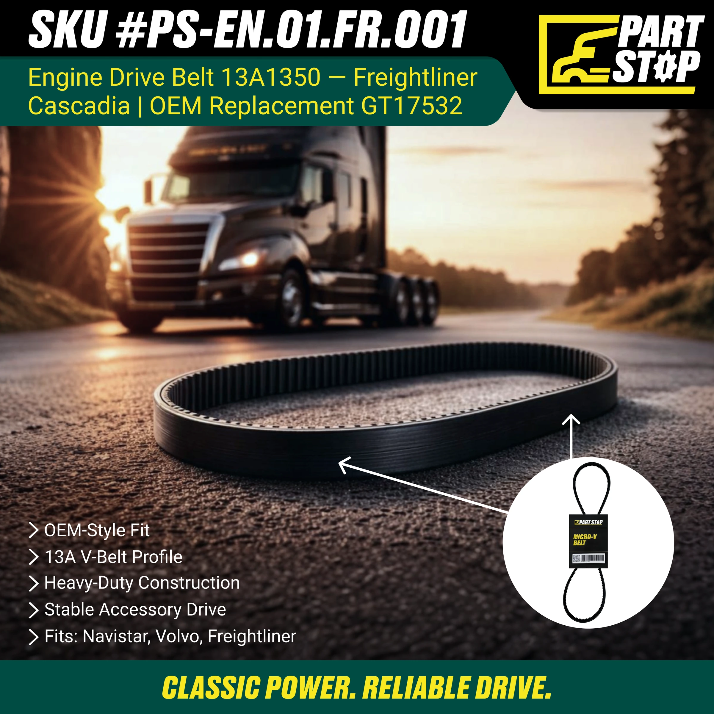 GT17532 V-Belt fits Freightliner 13A1345, 17530, 17535BLT, 815.17531, 17535BLT — infographic