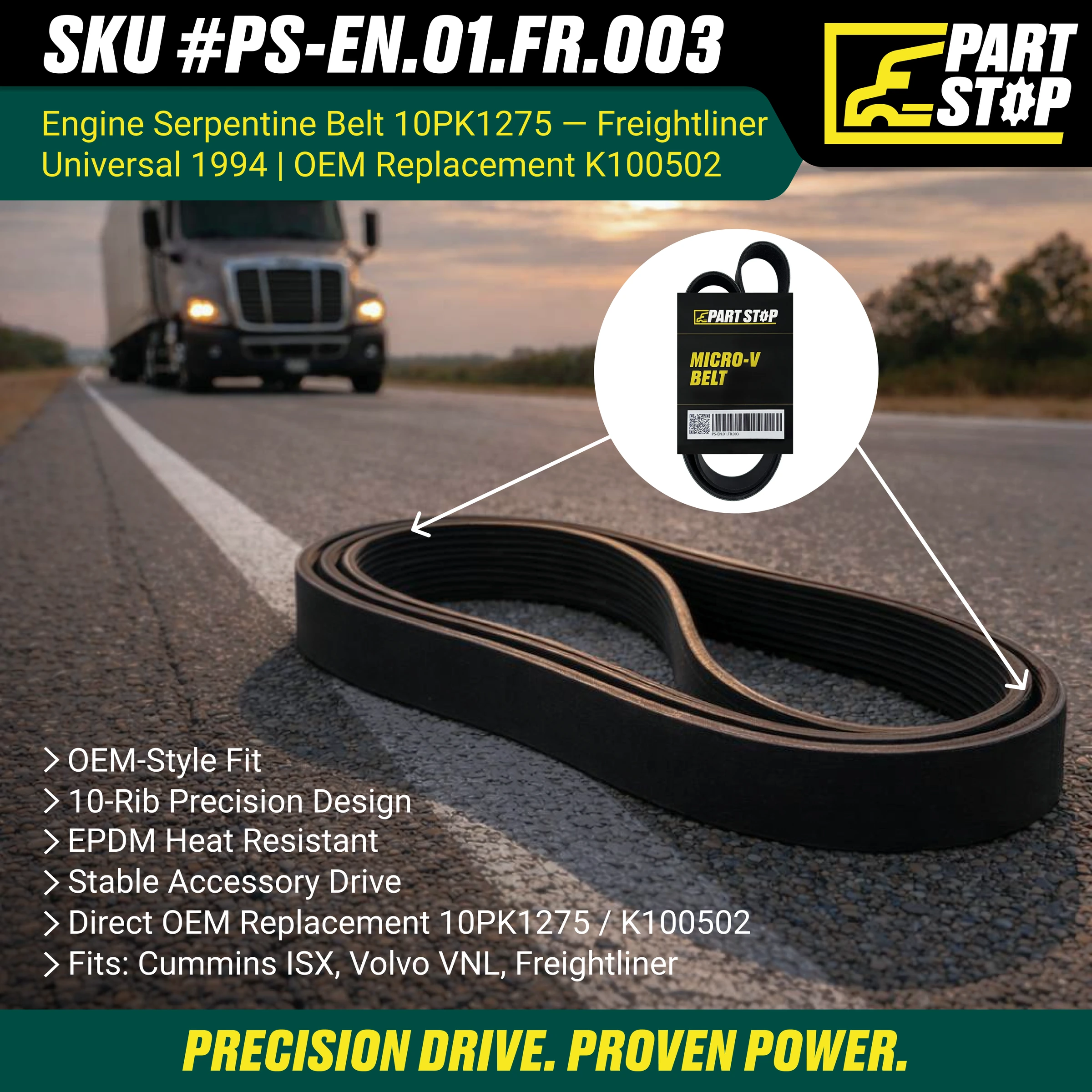 K100502 Serpentine Belt Fits Cummins ISX  10PK1275, GT4100502DF, 01-24894-004 — infographic