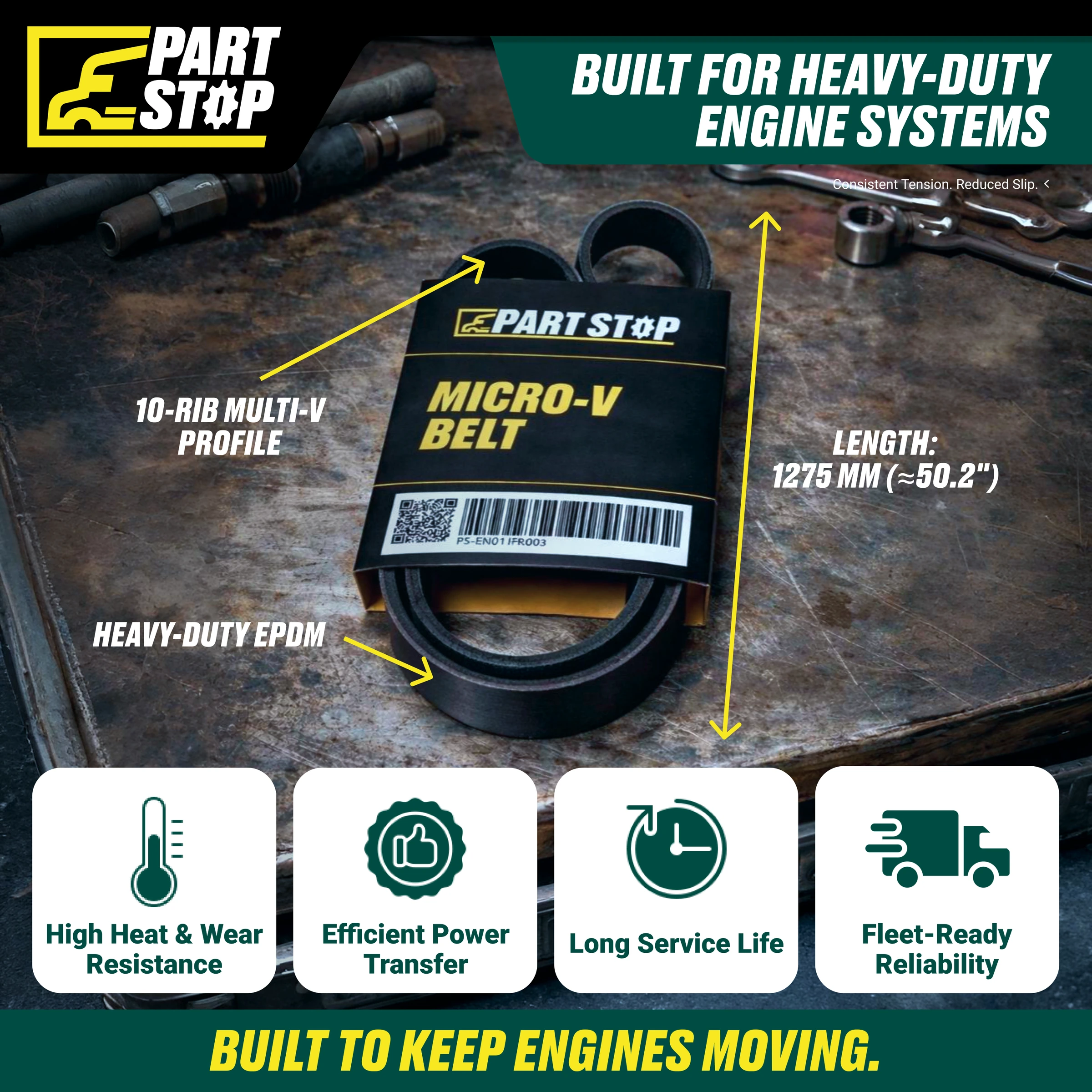 K100502 Serpentine Belt Fits Cummins ISX  10PK1275, GT4100502DF, 01-24894-004 — infographic