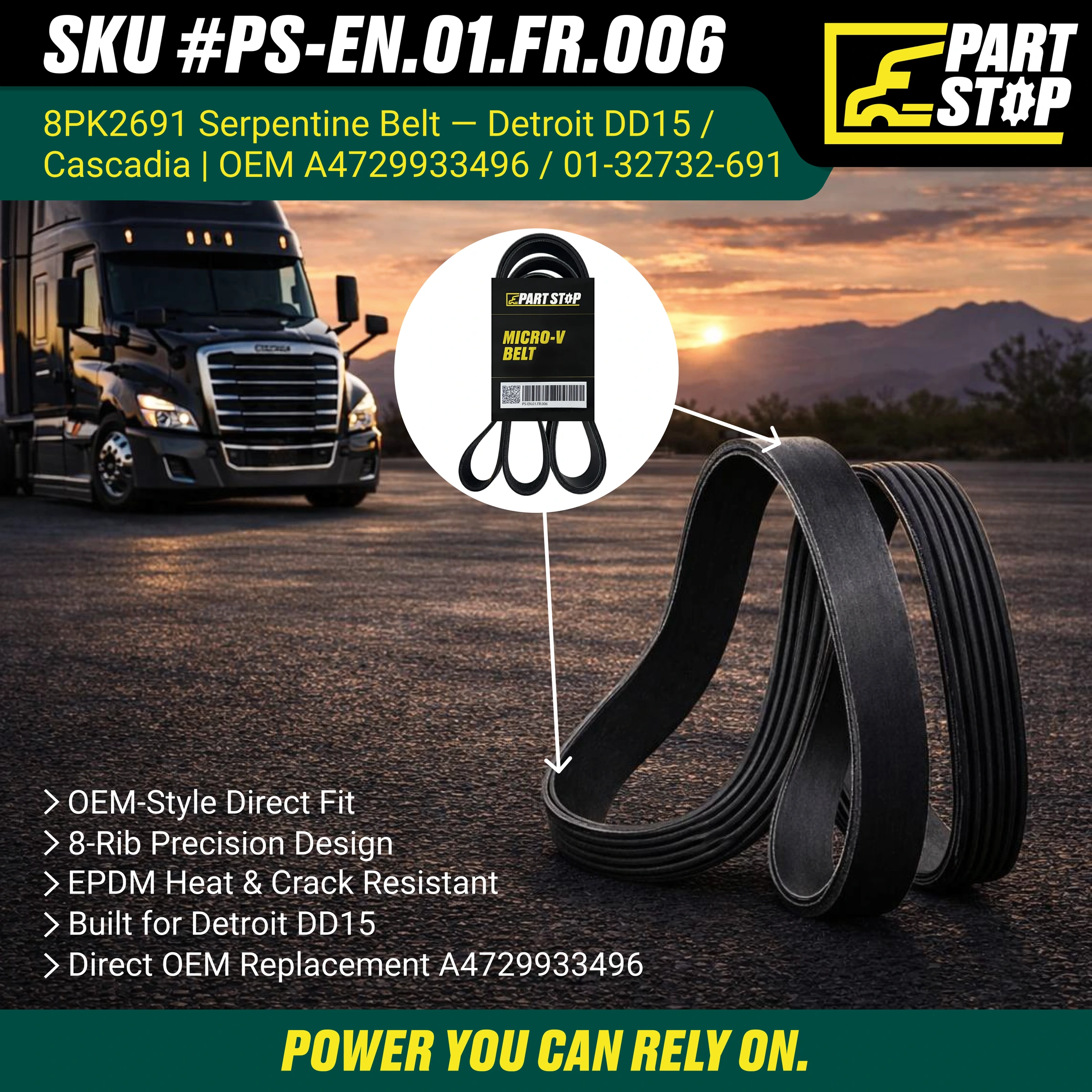 8PK2691 , A4729933496  Serpentine Belt Fits Freightliner Cascadia DD15 — infographic