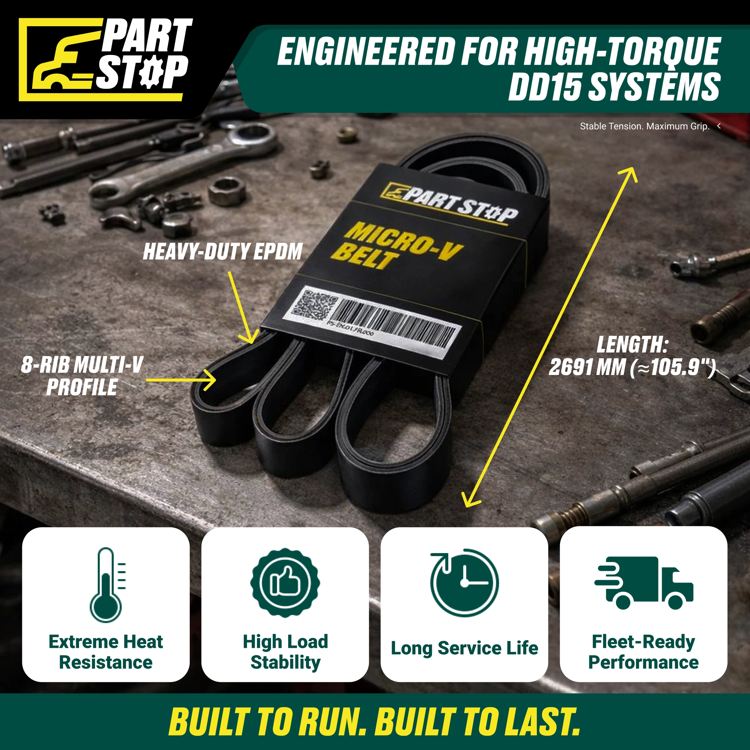 8PK2691 , A4729933496  Serpentine Belt Fits Freightliner Cascadia DD15 — infographic