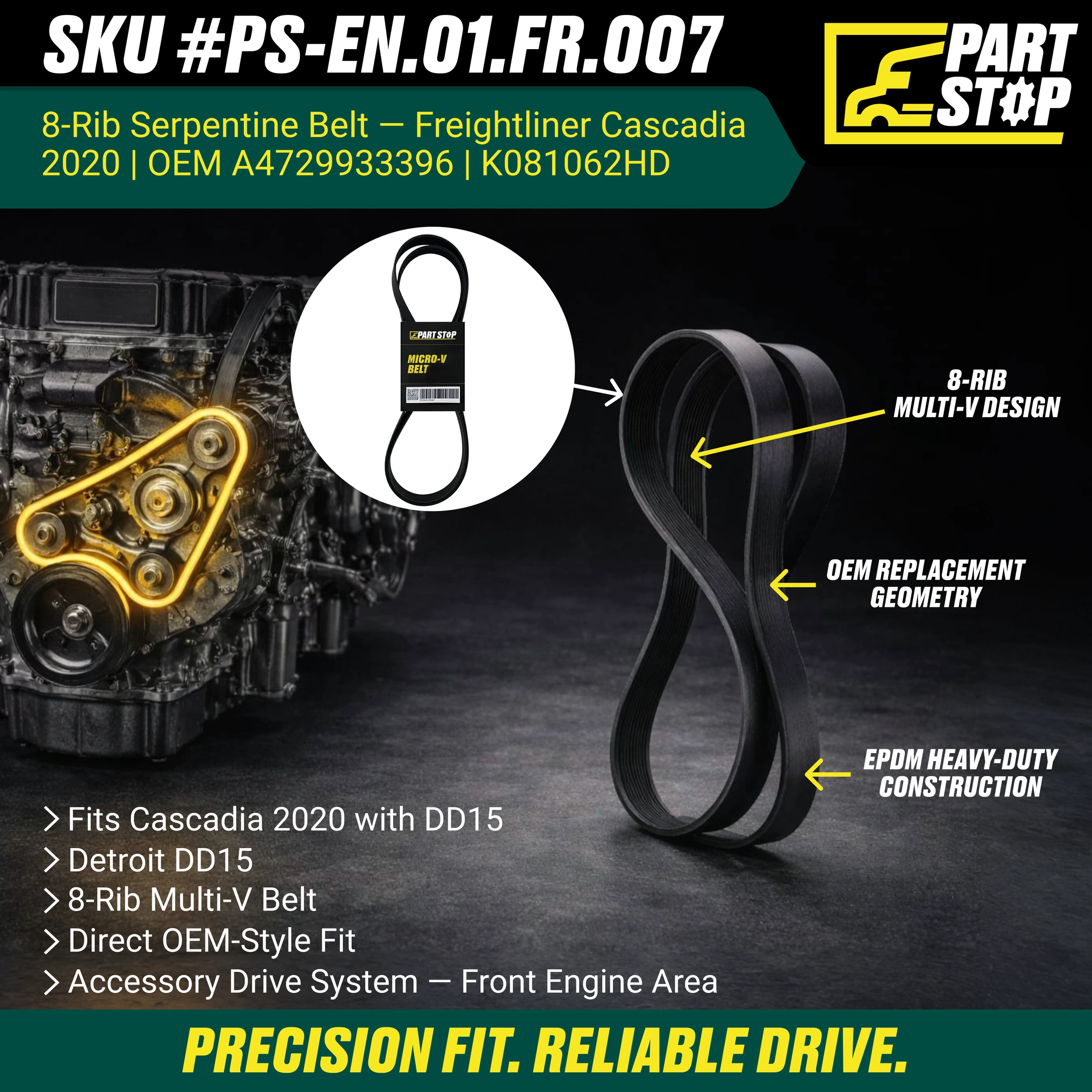 A4729931596 V-Ribbed Belt Fits Detroit 8PK3228, A4729933396, 19311095, S-29809 — infographic