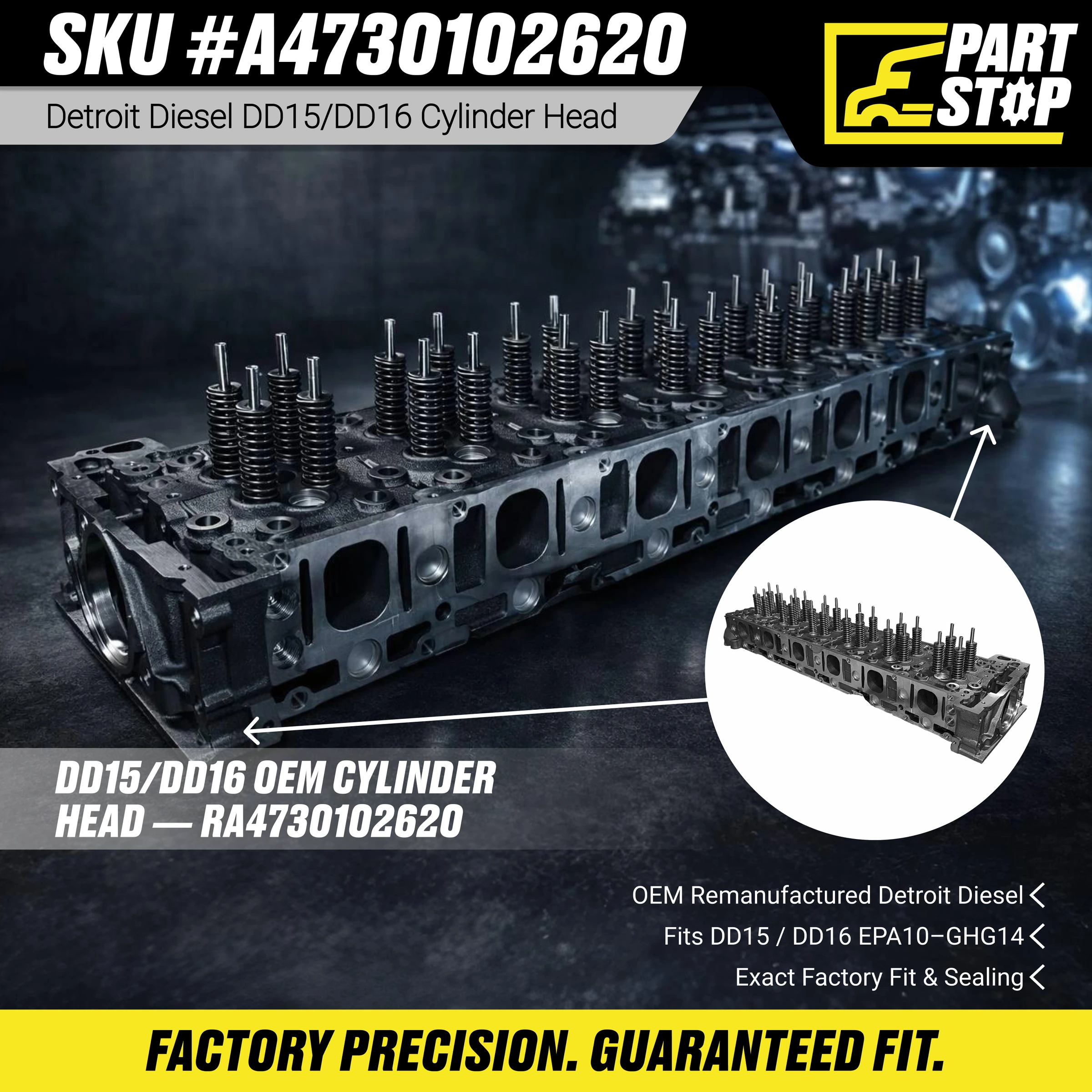 Detroit DD15 Cylinder Head A4730102620 6-Cyl EPA10 GHG14 Freightliner Cascadia — infographic