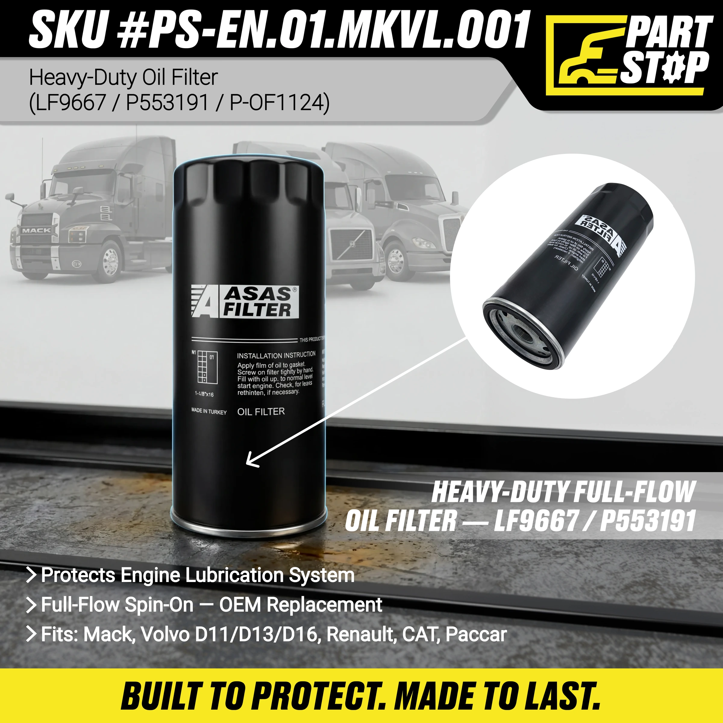 P553191  Oil Filter Fits Volvo LF3476 , LF733 , P167404, HF35197, P550369 — infographic