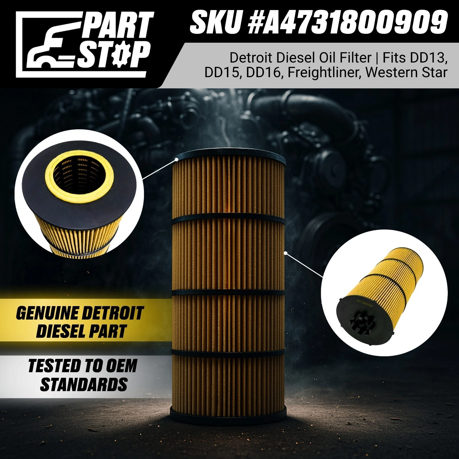 A4731800909 Engine Oil Filter Fits Detroit DD13 DD15 2008-2023 — infographic