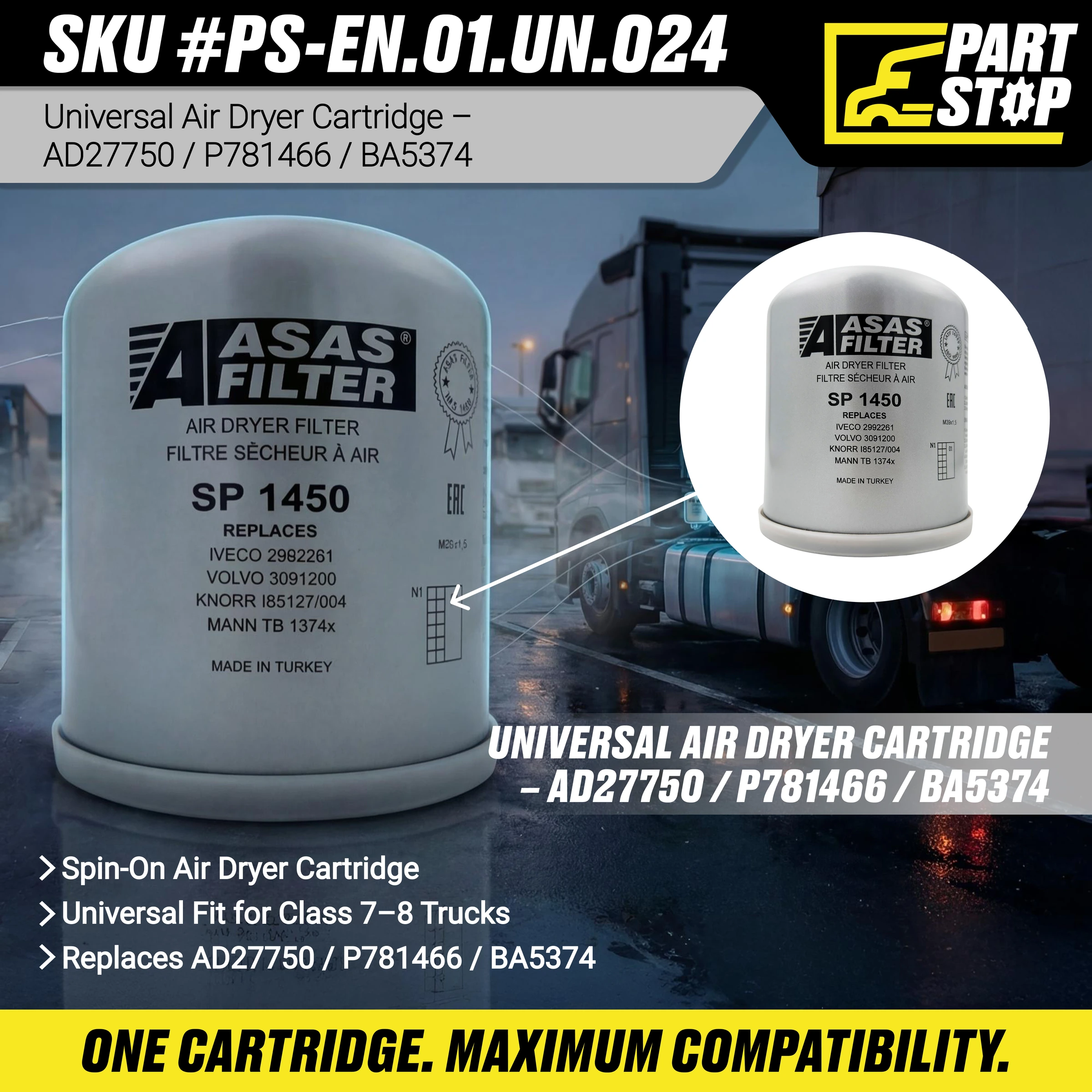 AD27750 Spin-On Air Dryer Cartridge Filter Fits Volvo/Kenworth — infographic