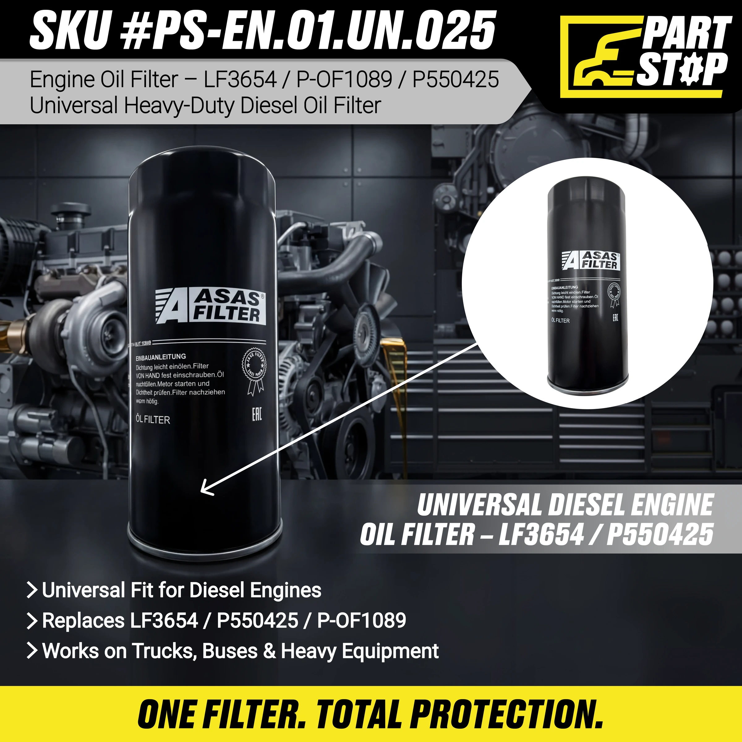 Oil Filter Fits Volvo D12 Fits Mack P550425, LF17502, LFP8642, P559647 , LF3654 — infographic
