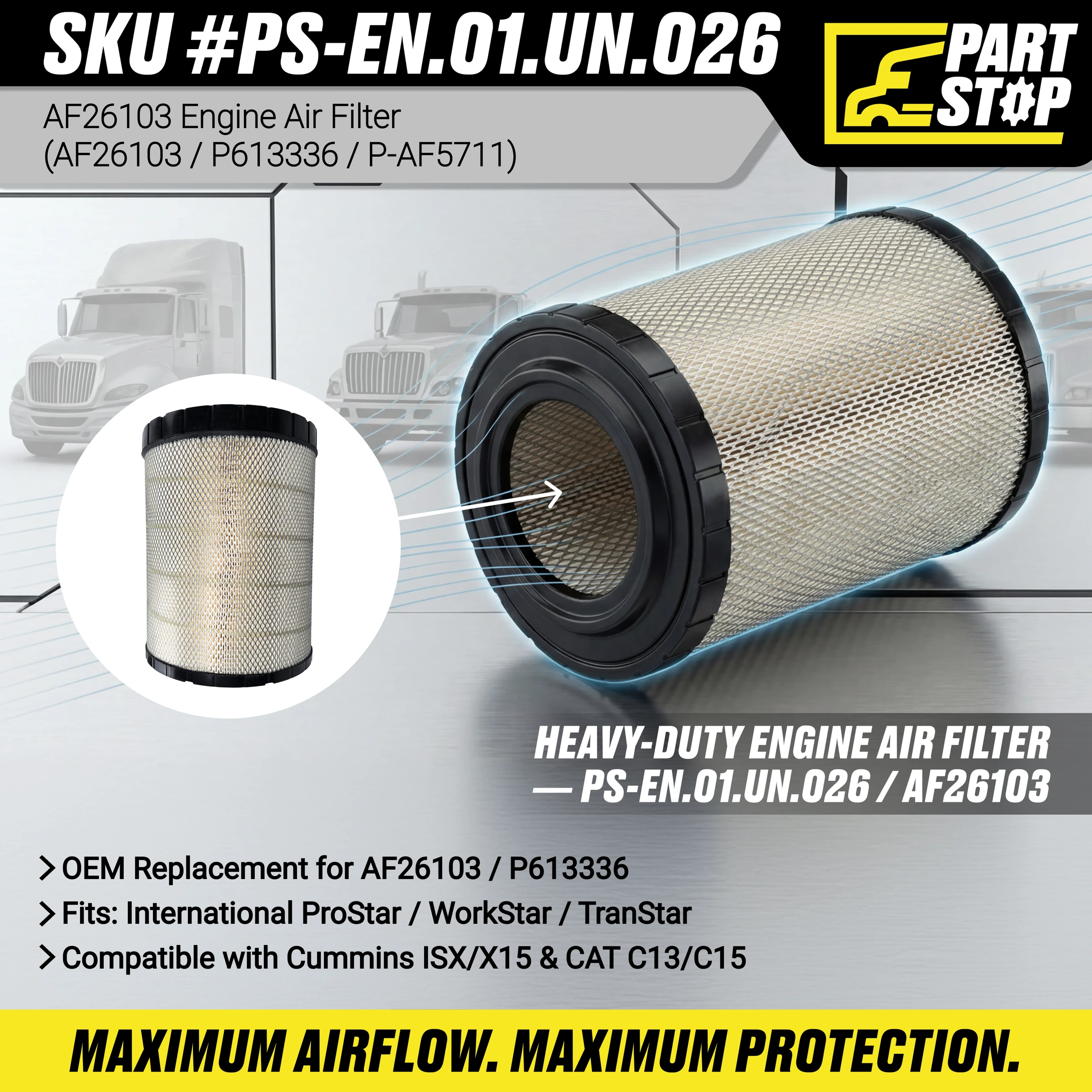 AF26103 Engine Air Filter Fits International/Kenworth CUMMINS Replacement — infographic