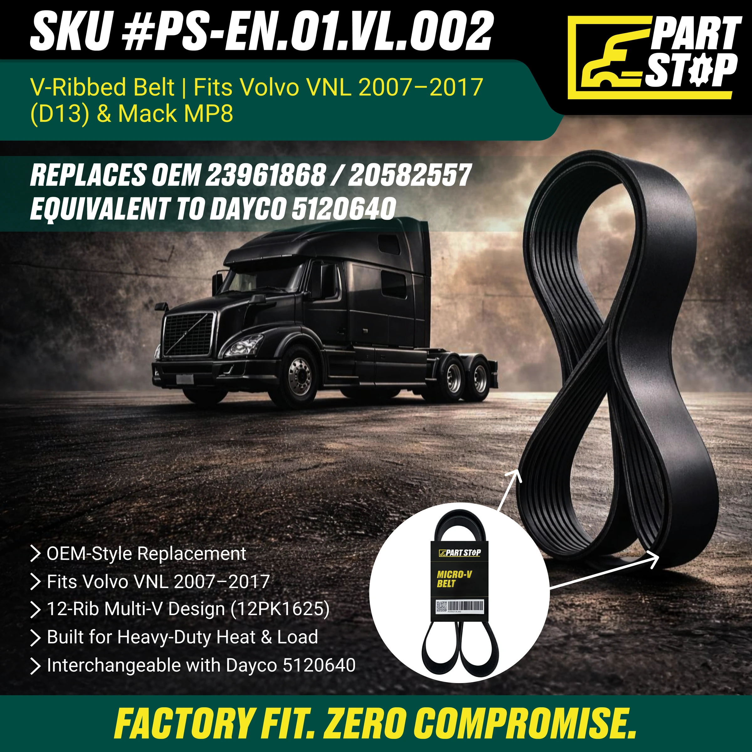 12PK1625  Belt Fits Volvo Fits Mack MP8 20582557, 23961868, S-21819, S21819 — infographic