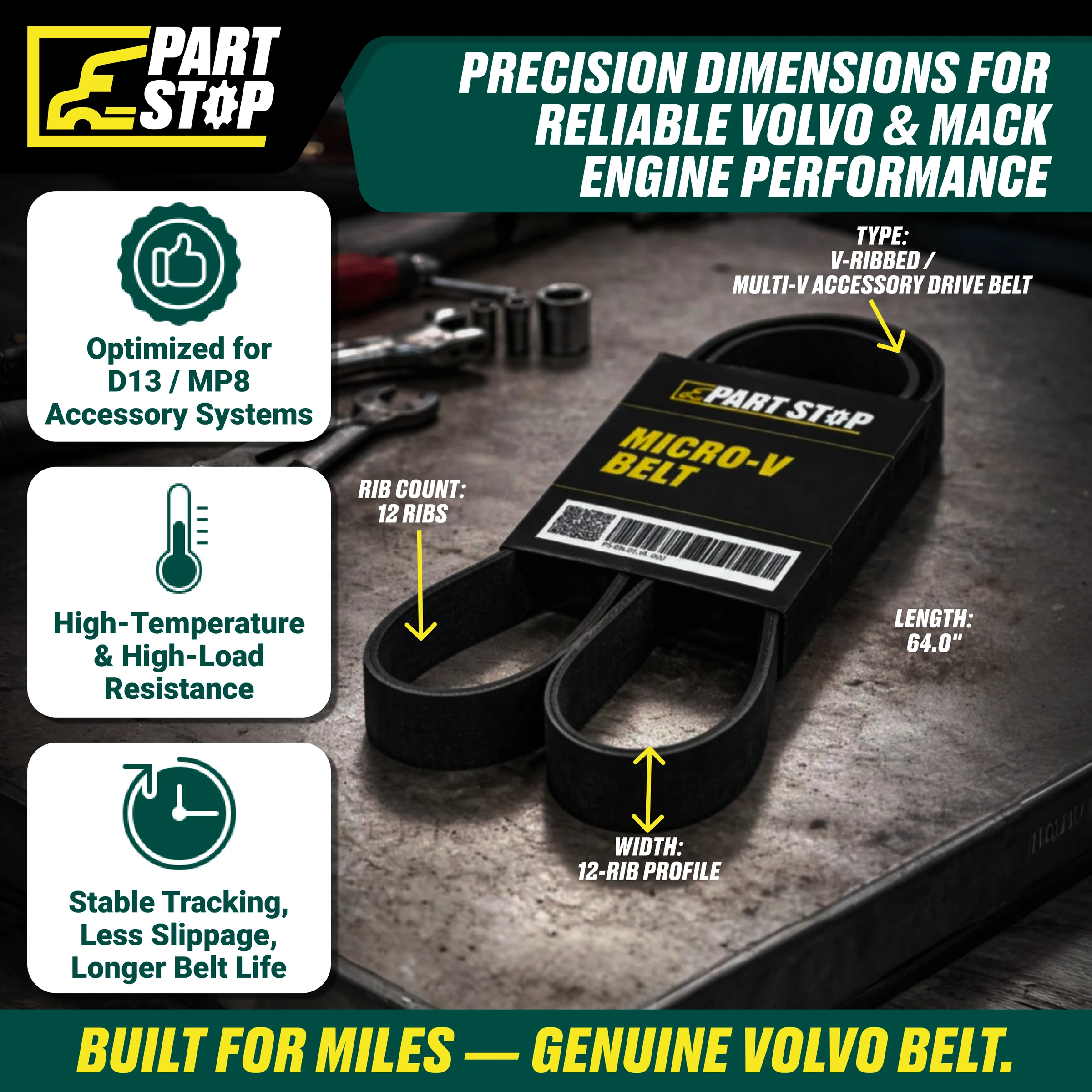 12PK1625  Belt Fits Volvo Fits Mack MP8 20582557, 23961868, S-21819, S21819 — infographic