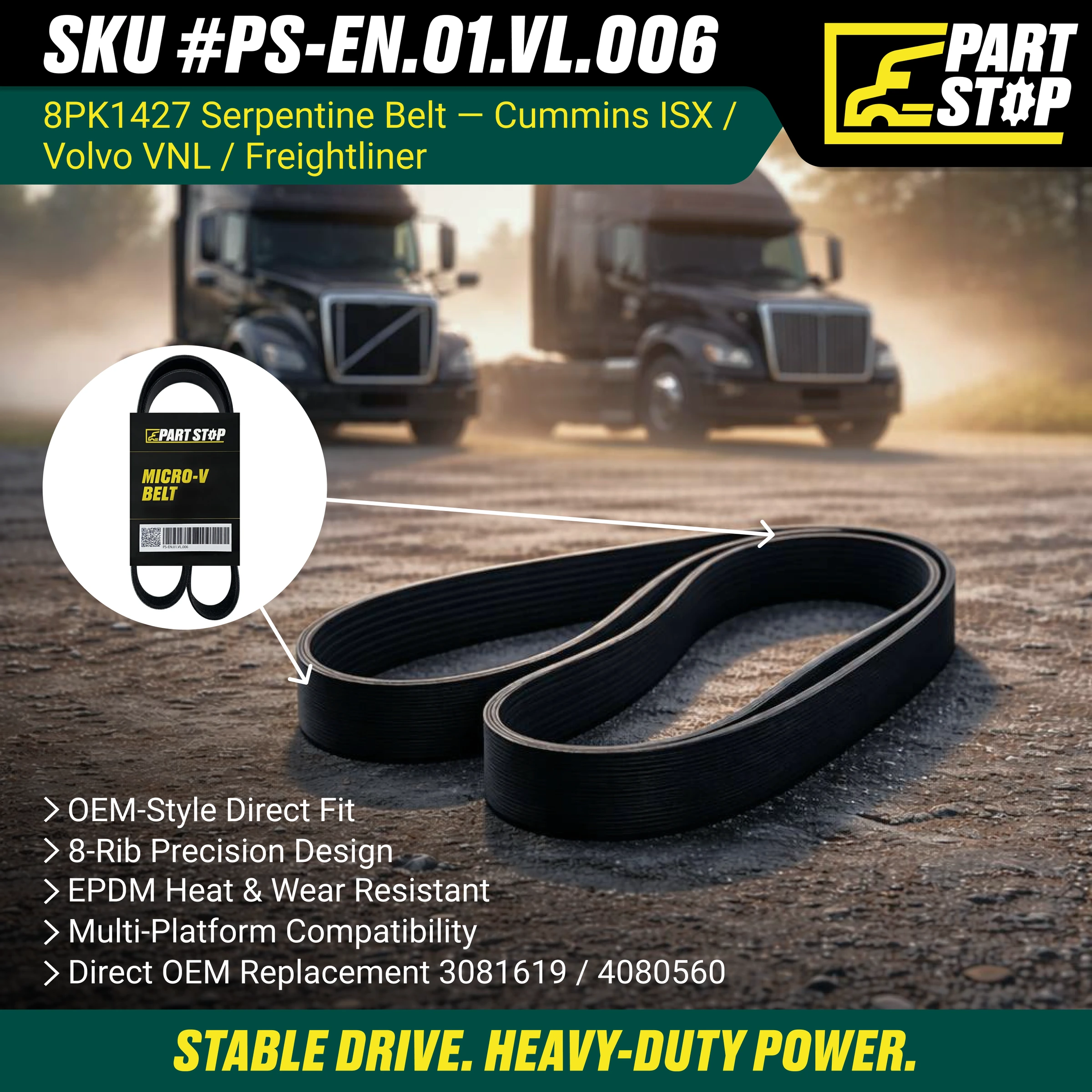 8PK1427 Serpentine Belt Fits Cummins , 3081619, 01-24587-004, 4080560 — infographic