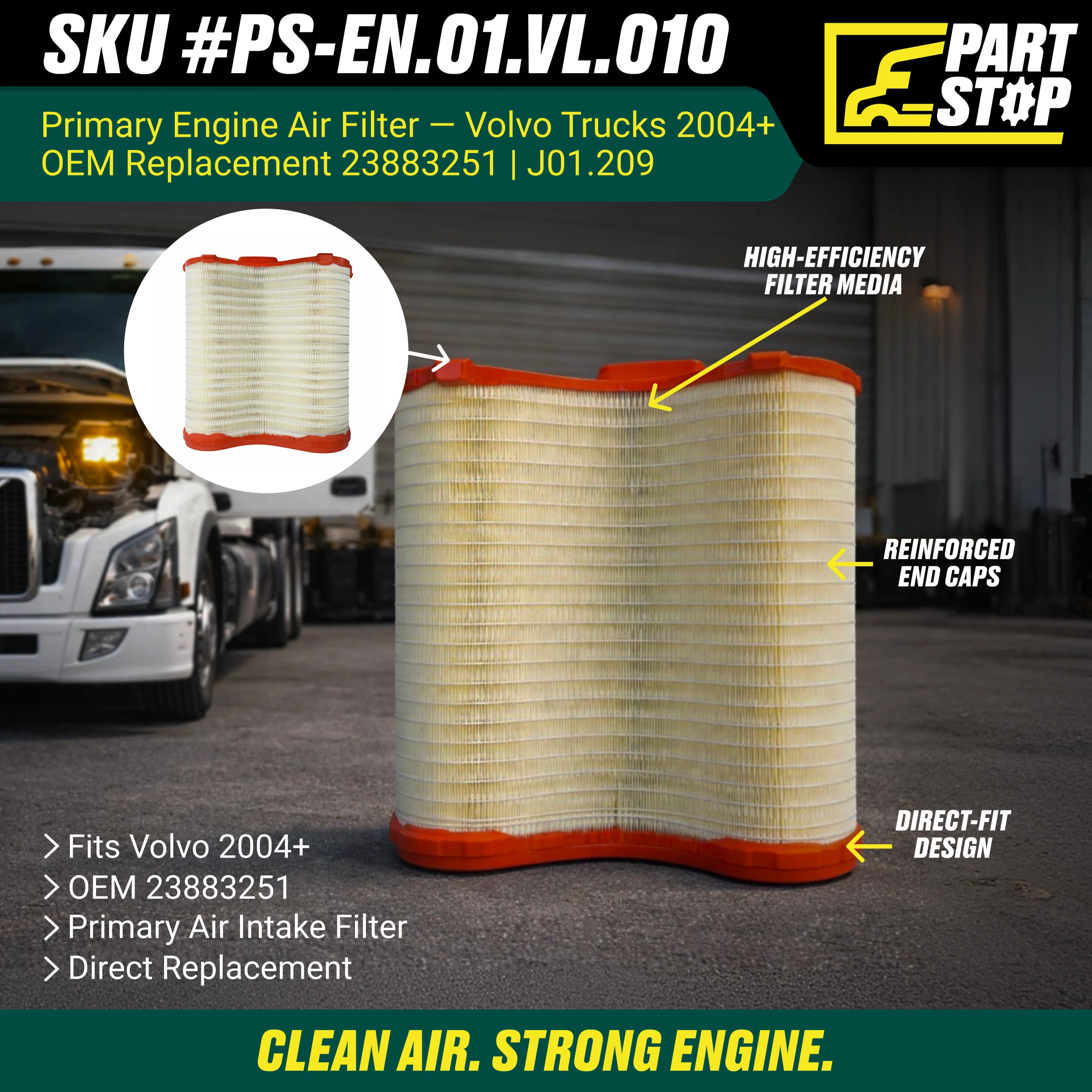 Engine Air Filter Primary Fits Volvo DD13 DD15 Fits Mack 23883251 — infographic