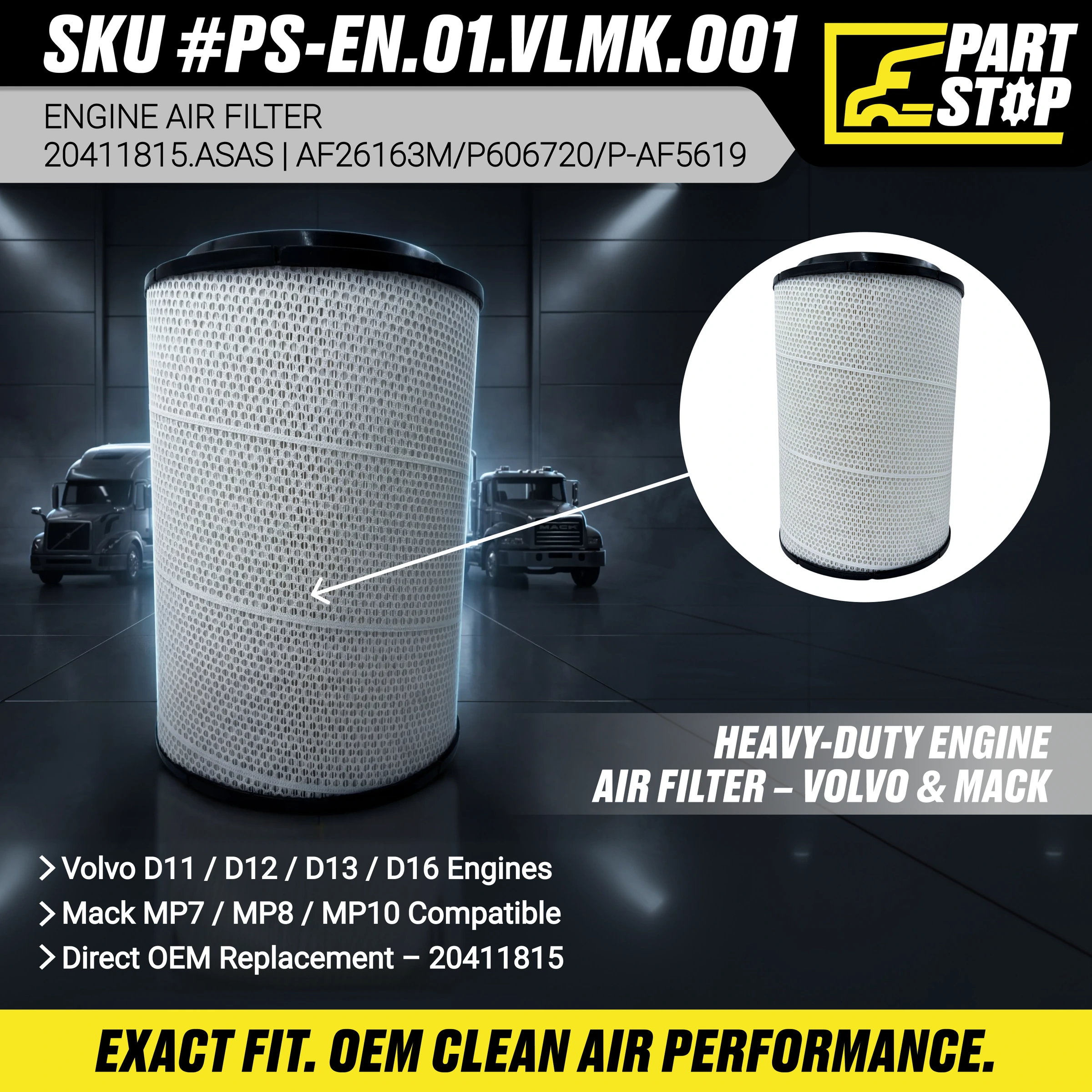 Engine Air Filter Fit Volvo VNL, VN, VNM Replace 20411815, RS4642, AF26163M — infographic