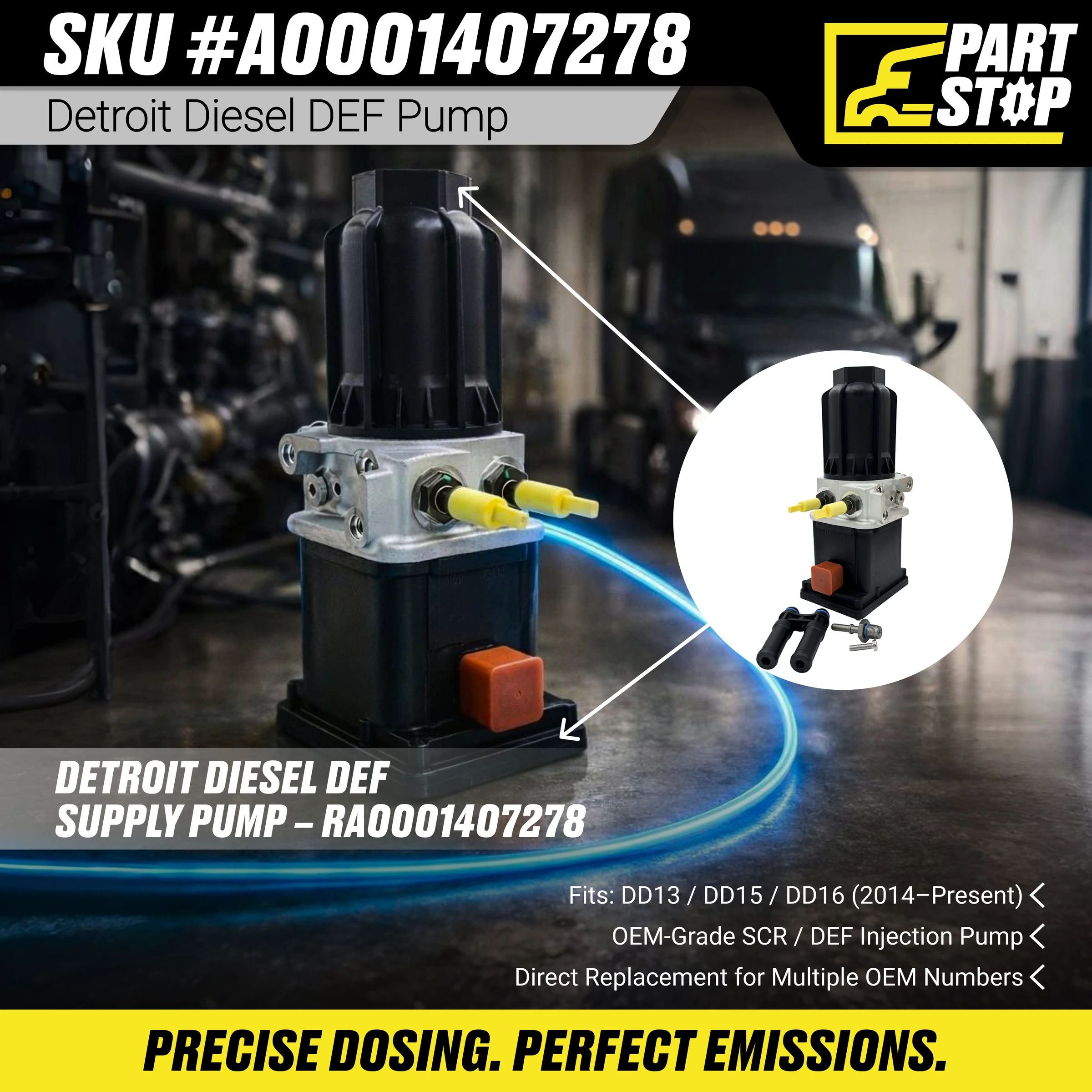 RA0001407278 DEF Pump Fits Freightliner Cascadia DD13 DD15 — infographic