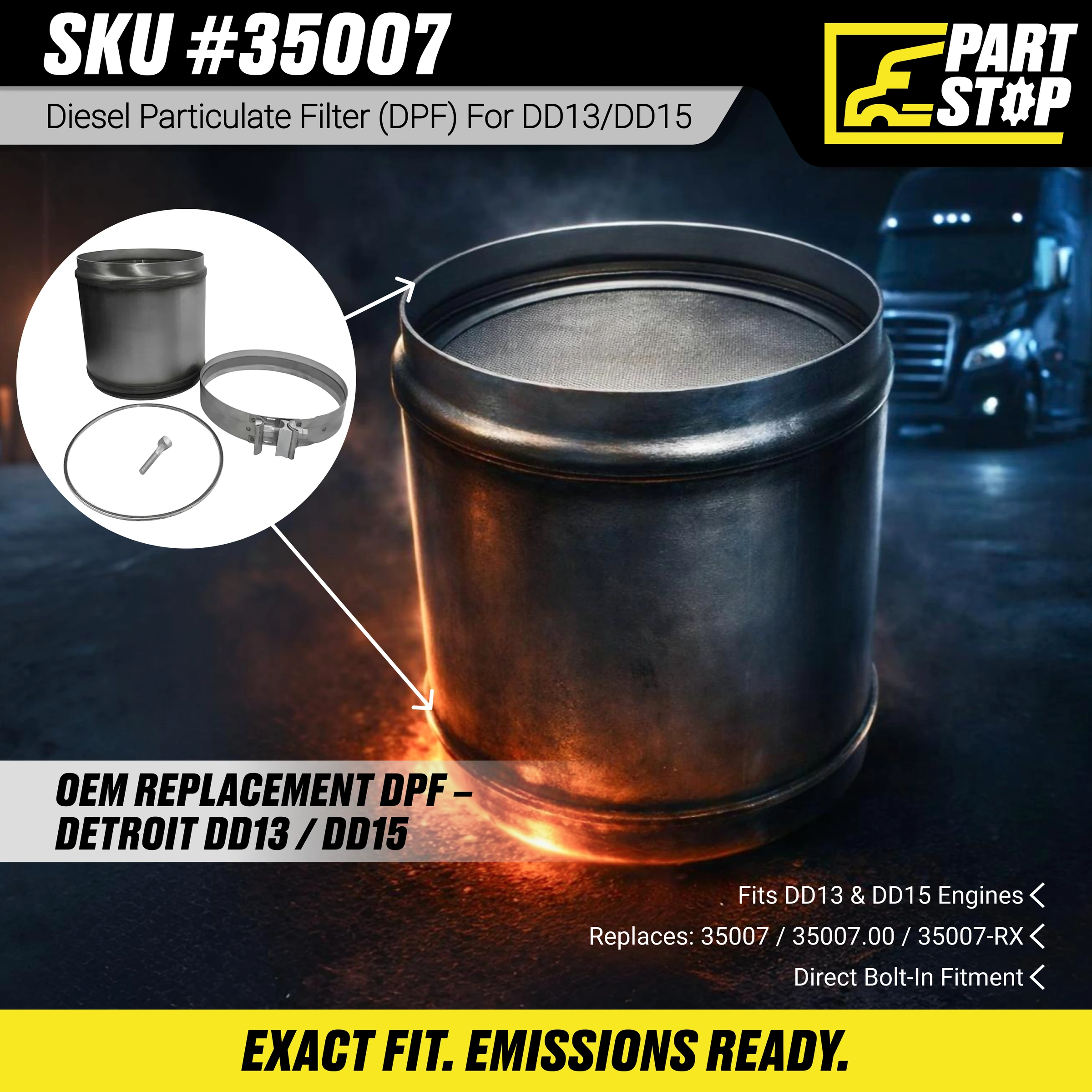 35007 DPF Fits Freightliner Cascadia DD13 DD15 Diesel Filter , A0004903792 — infographic