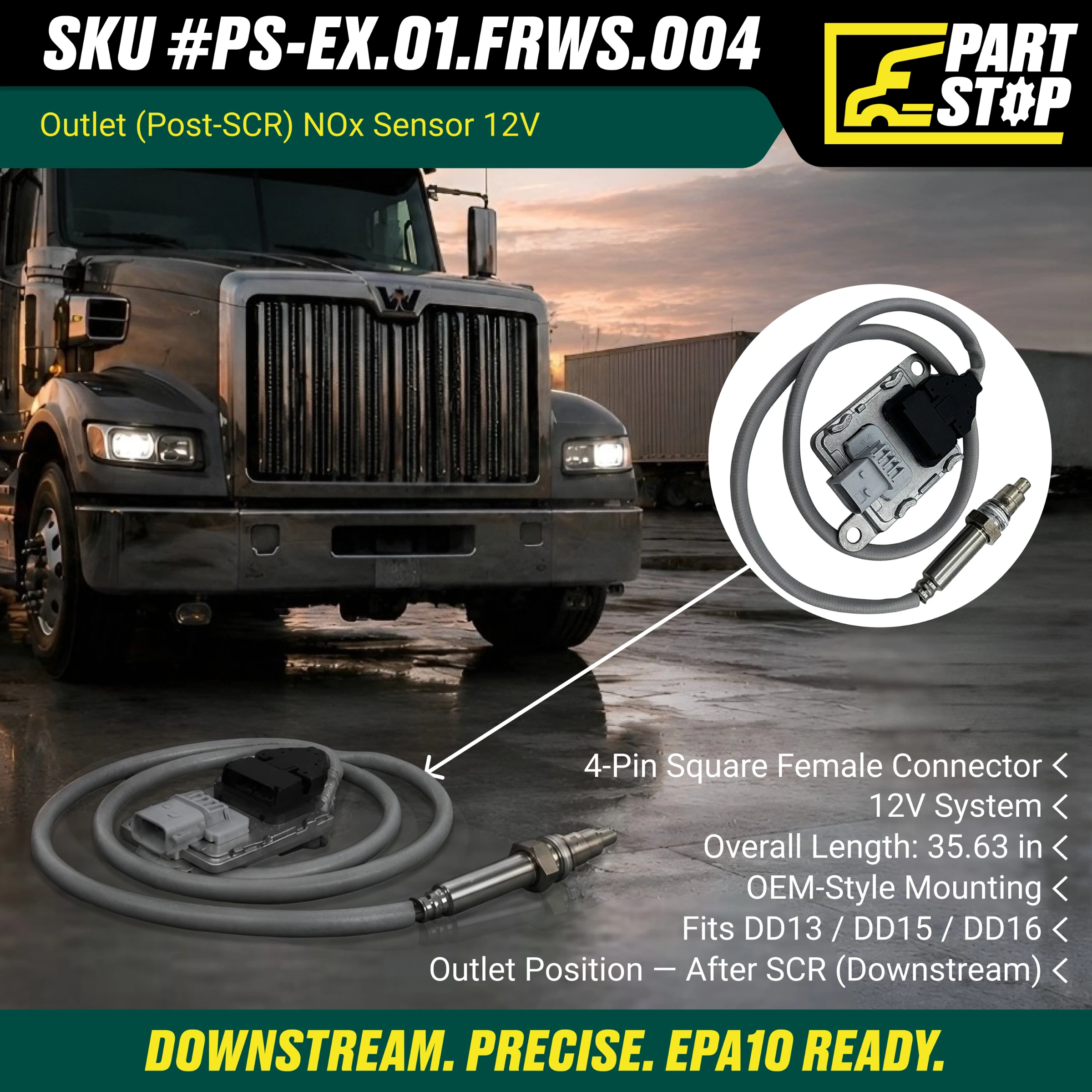 Outlet NOx Sensor 12V 4-Pin Fits Freightliner Western Star DD13 DD15 A0101532328 — infographic