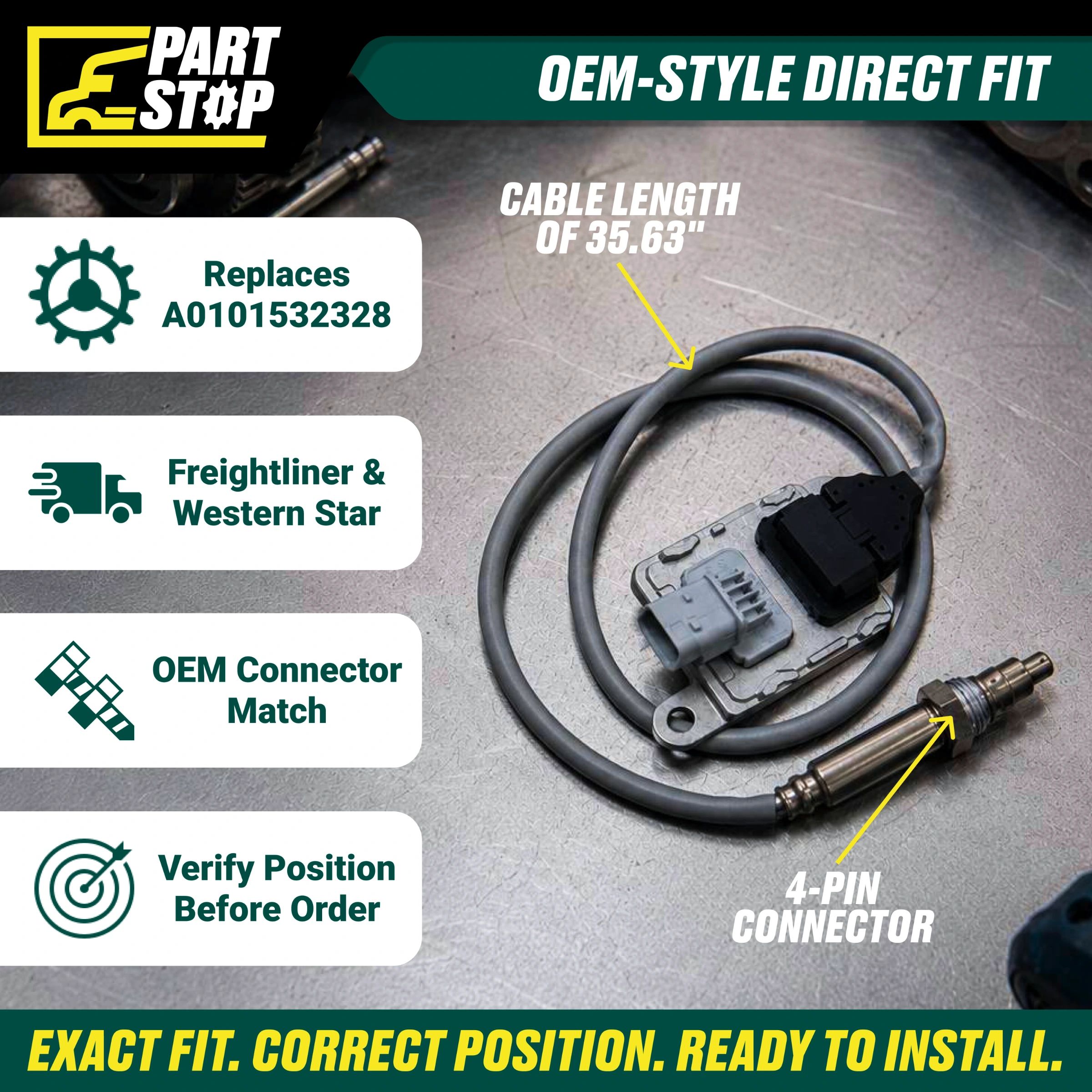 Outlet NOx Sensor 12V 4-Pin Fits Freightliner Western Star DD13 DD15 A0101532328 — infographic
