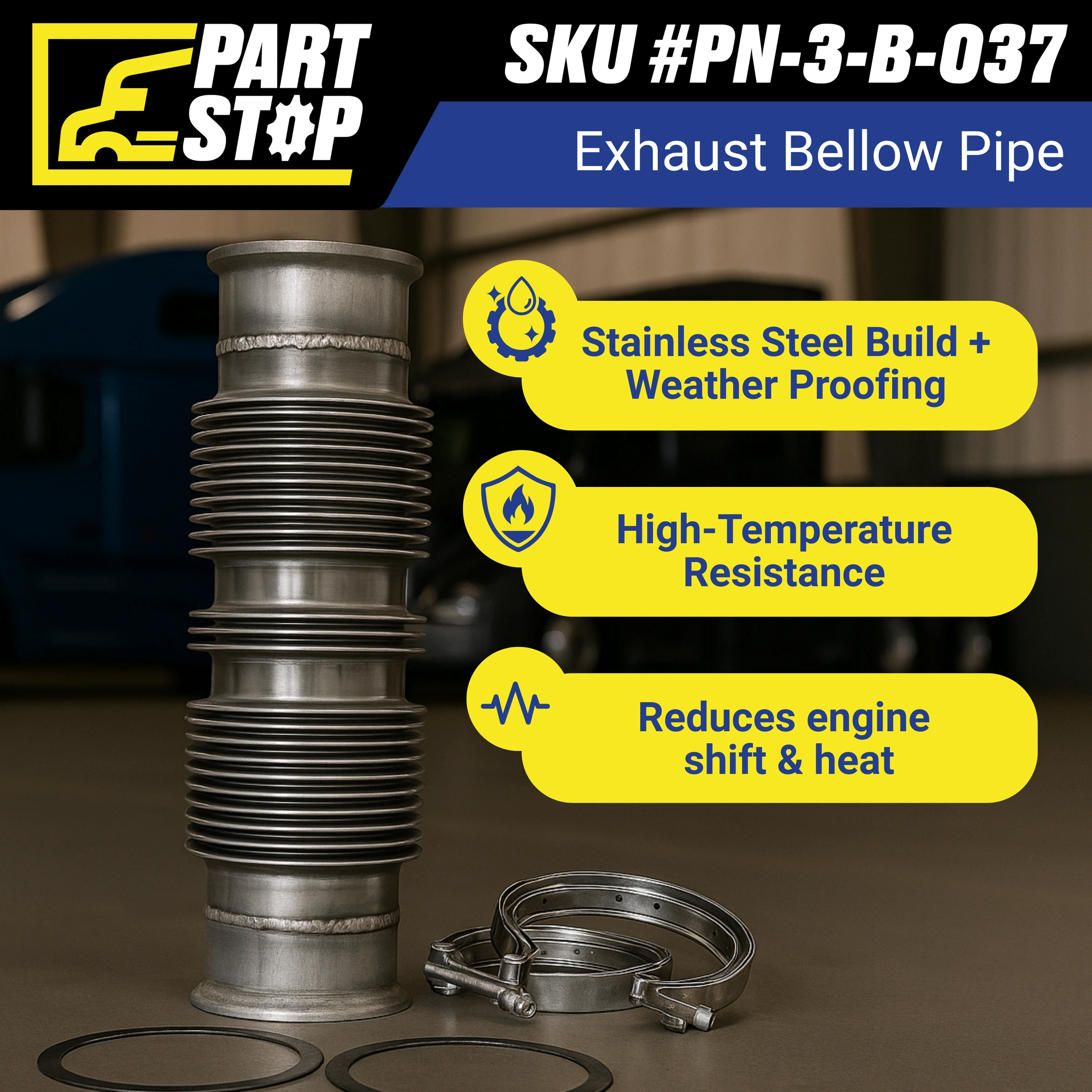 A042857800 4"–5" Stainless Steel Exhaust Bellows Flex Pipe, A04-28522-000 — infographic