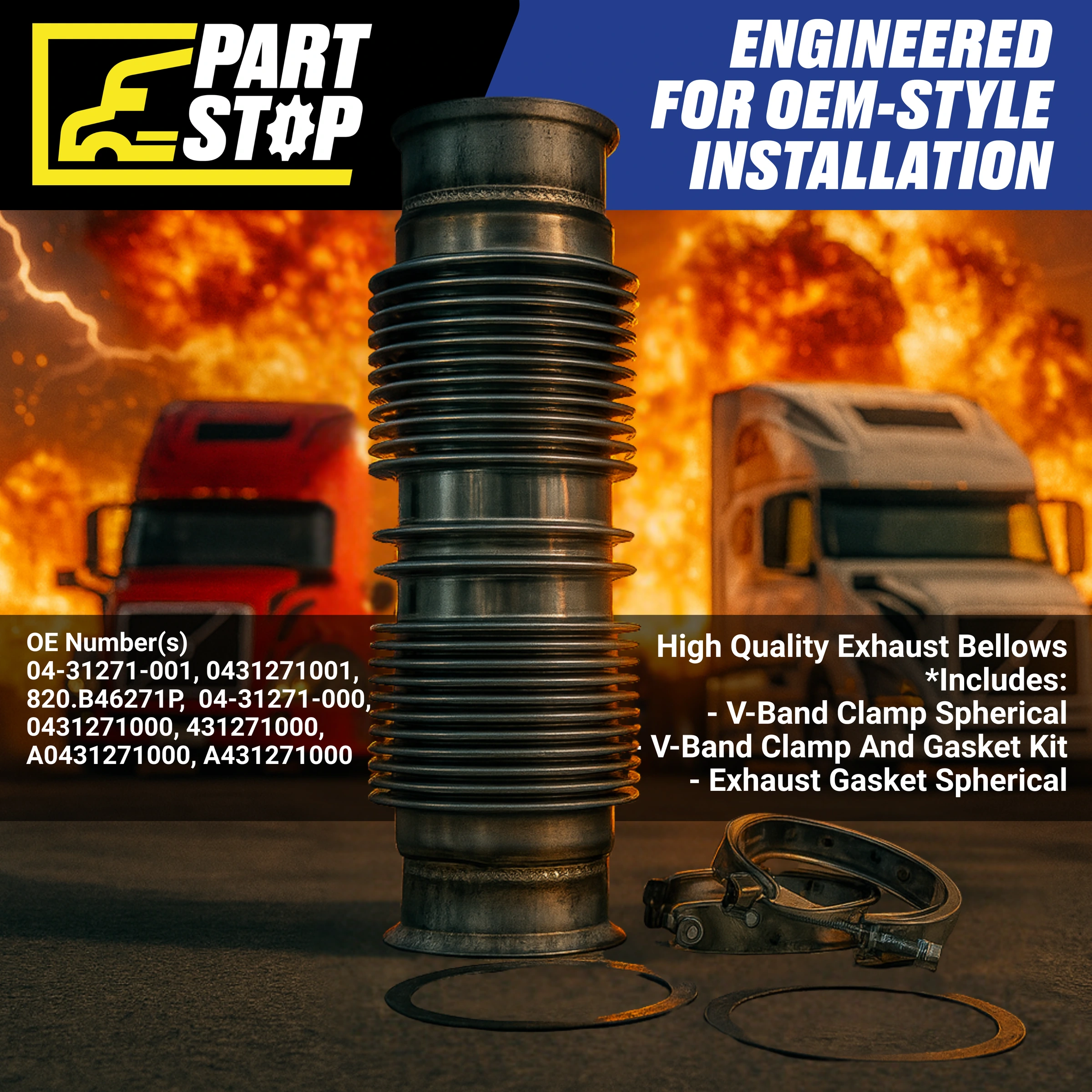 A042857800 4"–5" Stainless Steel Exhaust Bellows Flex Pipe, A04-28522-000 — infographic