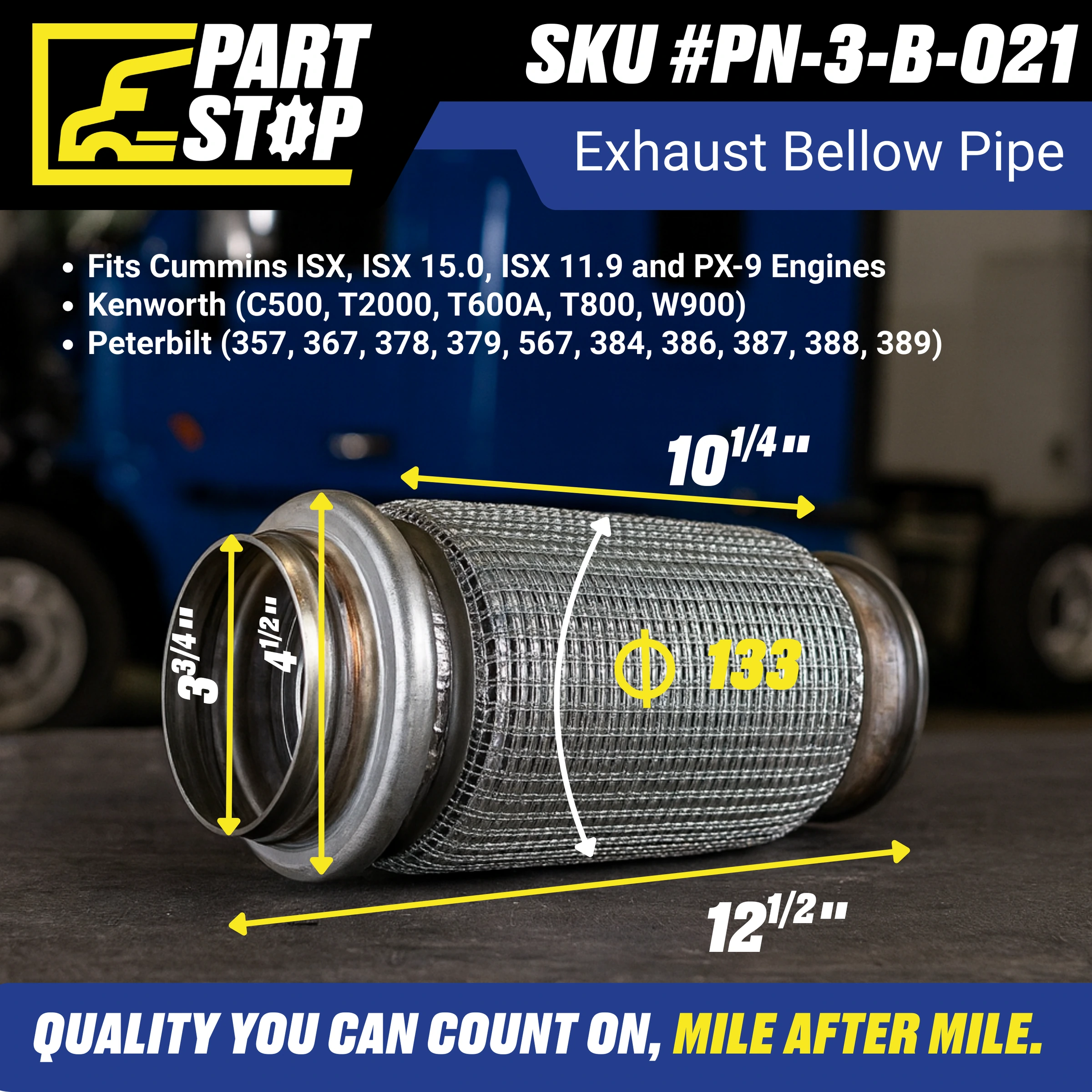 15.5" Exhaust Flex Pipe Fits Freightliner Cascadia M663541 M664111, 820.B59541P — infographic