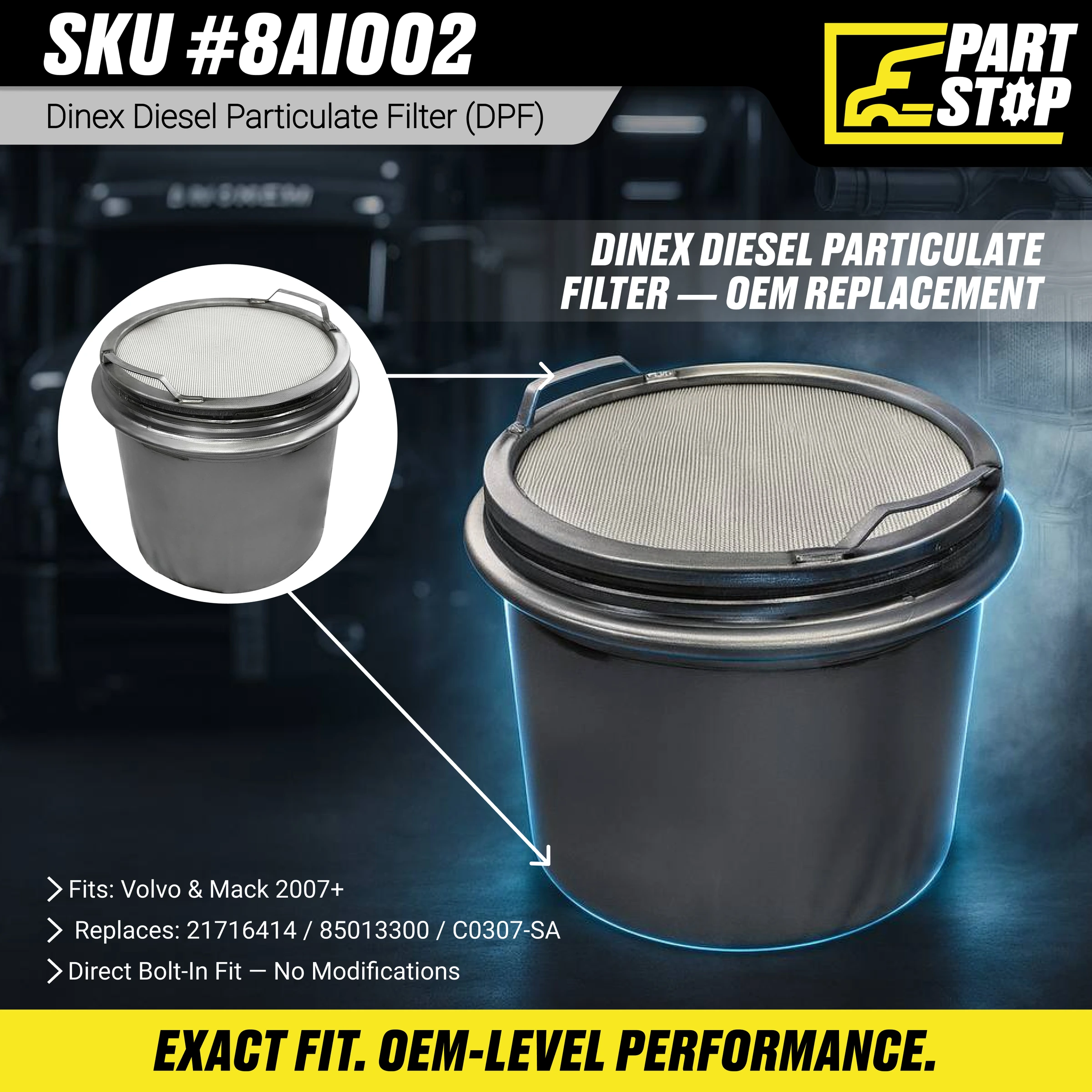 DPF Diesel Particulate Filter Fits Volvo Fits Mack 21716414 , 8AI002 — infographic
