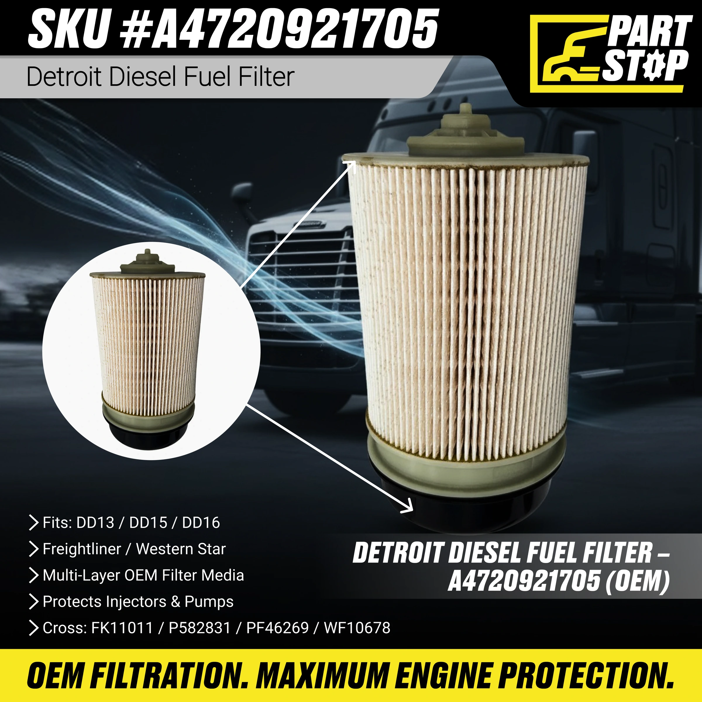 A4720921705 Fuel Filter Fits Detroit Diesel DD13 DD15 DD16 — infographic