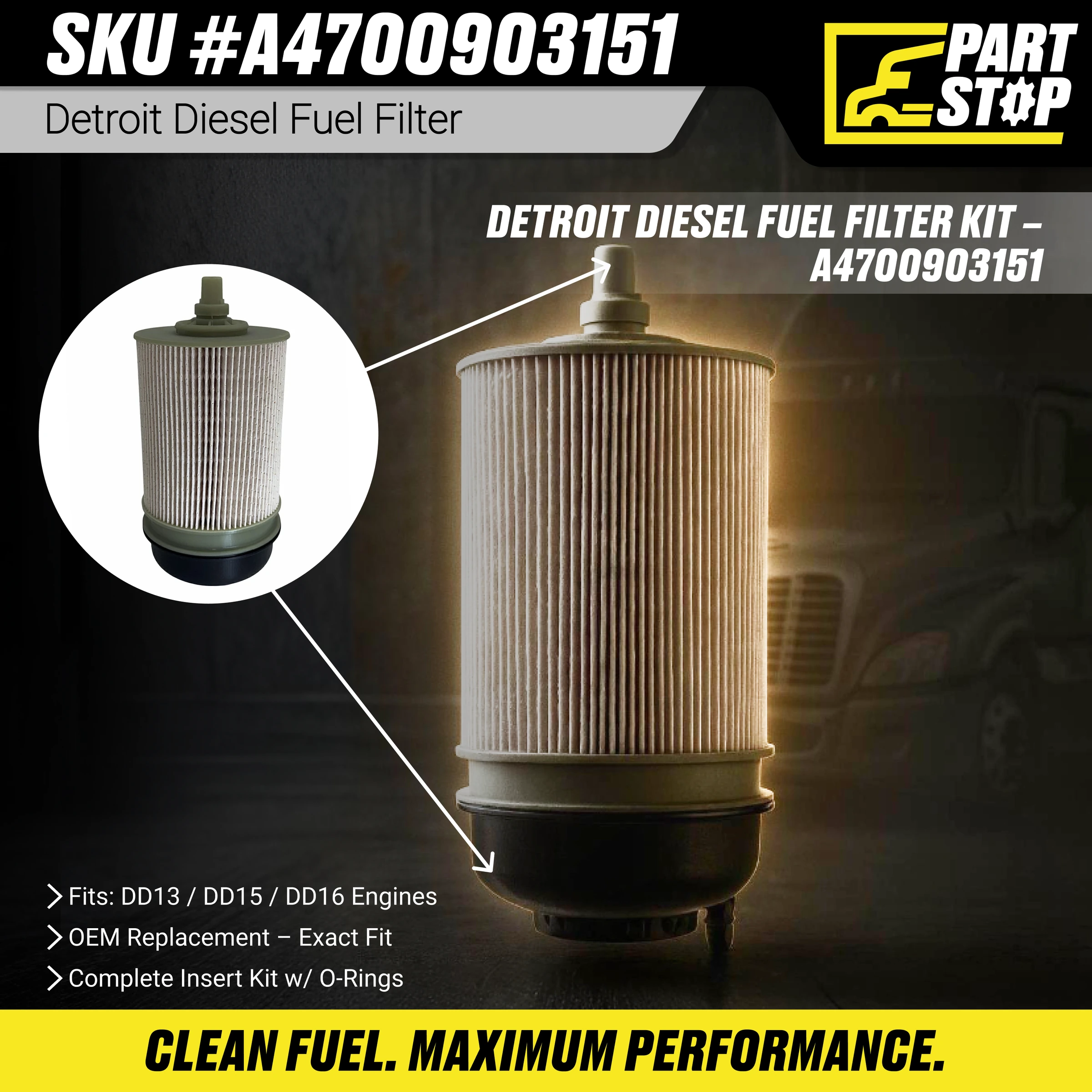 A4700903151 Diesel Fuel Filter Fits Detroit FK13850NN, A4720900651, A4720900551 — infographic