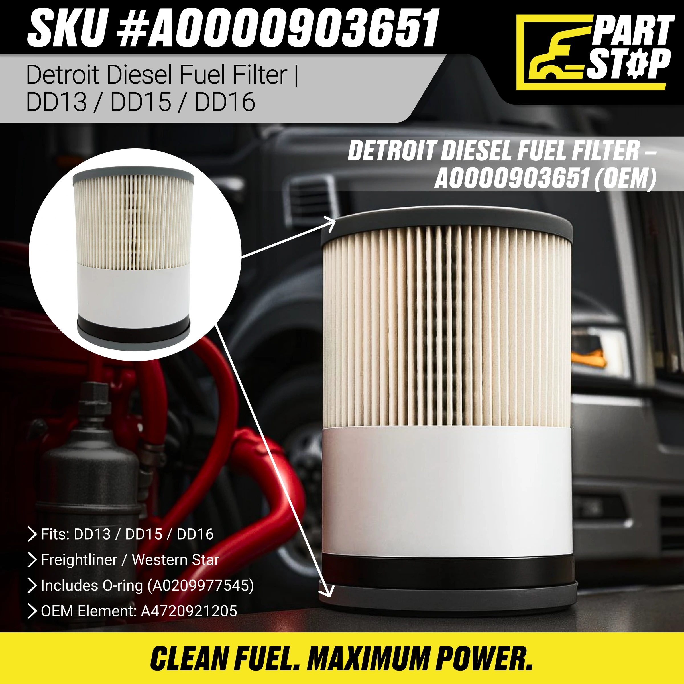 Fuel Filter Fits Detroit Diesel , FS19915, PF9804 , P551011 , P550854 A0000903651 — infographic