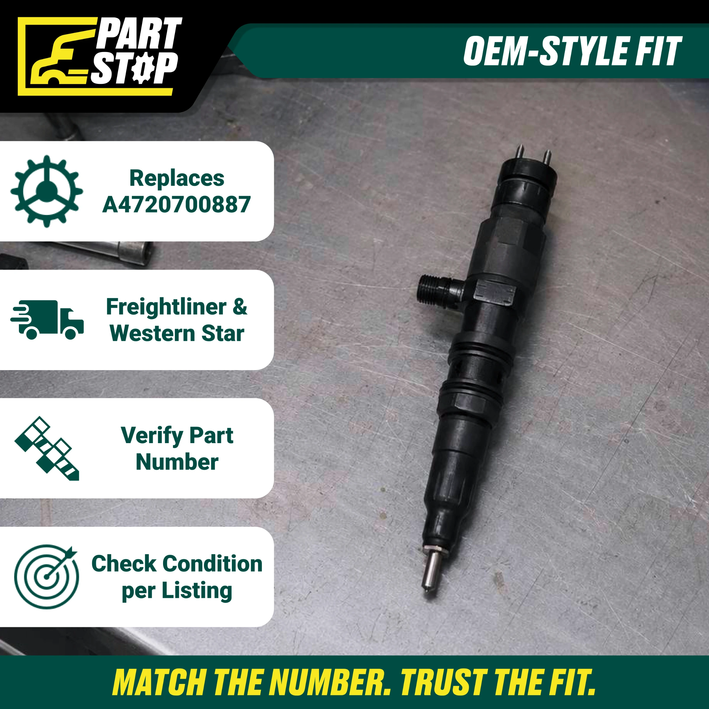 Fuel Injector Fits Detroit 4720700387, RPP4720700887X, A4720700087 , A4720700887 — infographic
