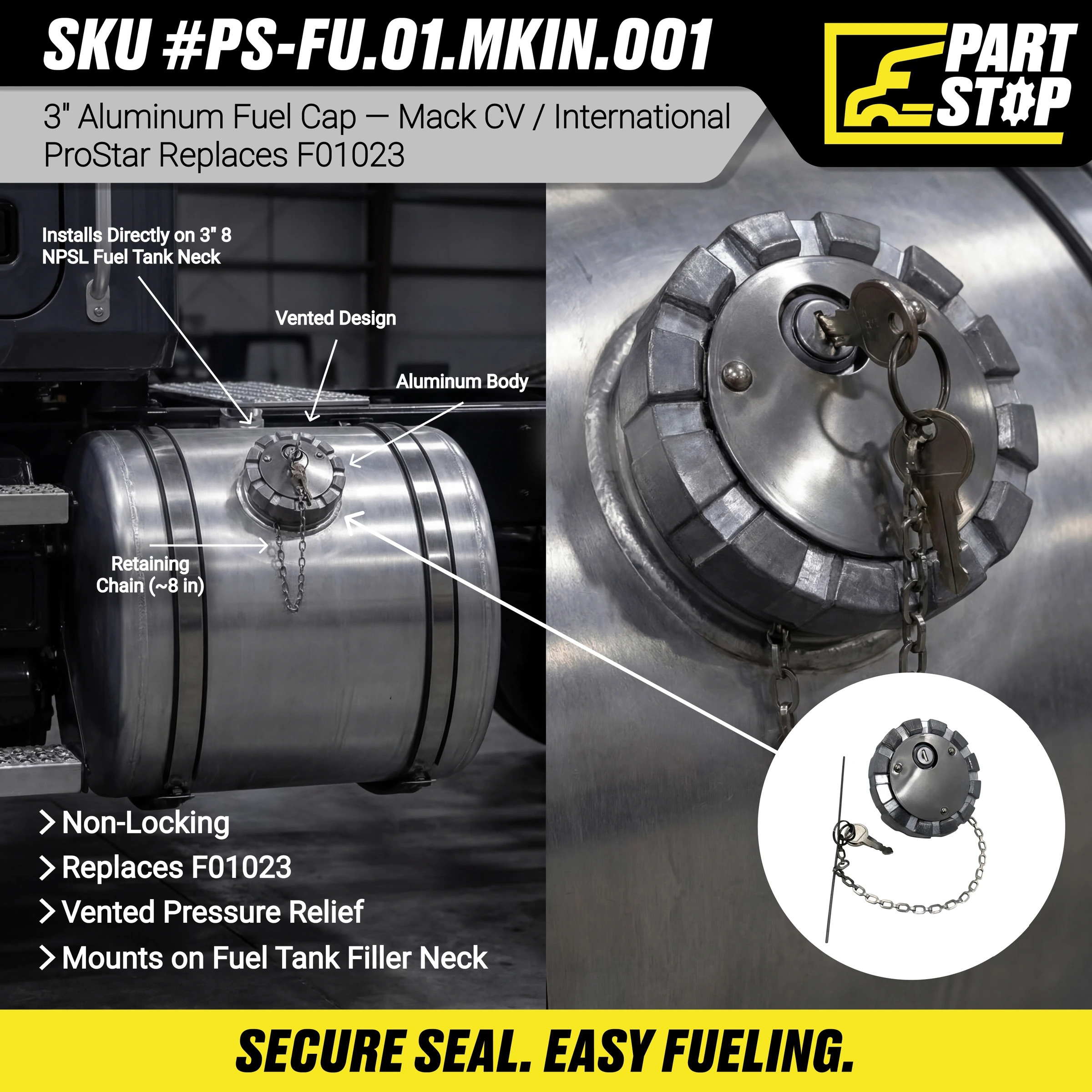 25195379  Aluminum Fuel Cap Universal 3" 8 NPSL F01023 . 16MF316, 572.1023, — infographic