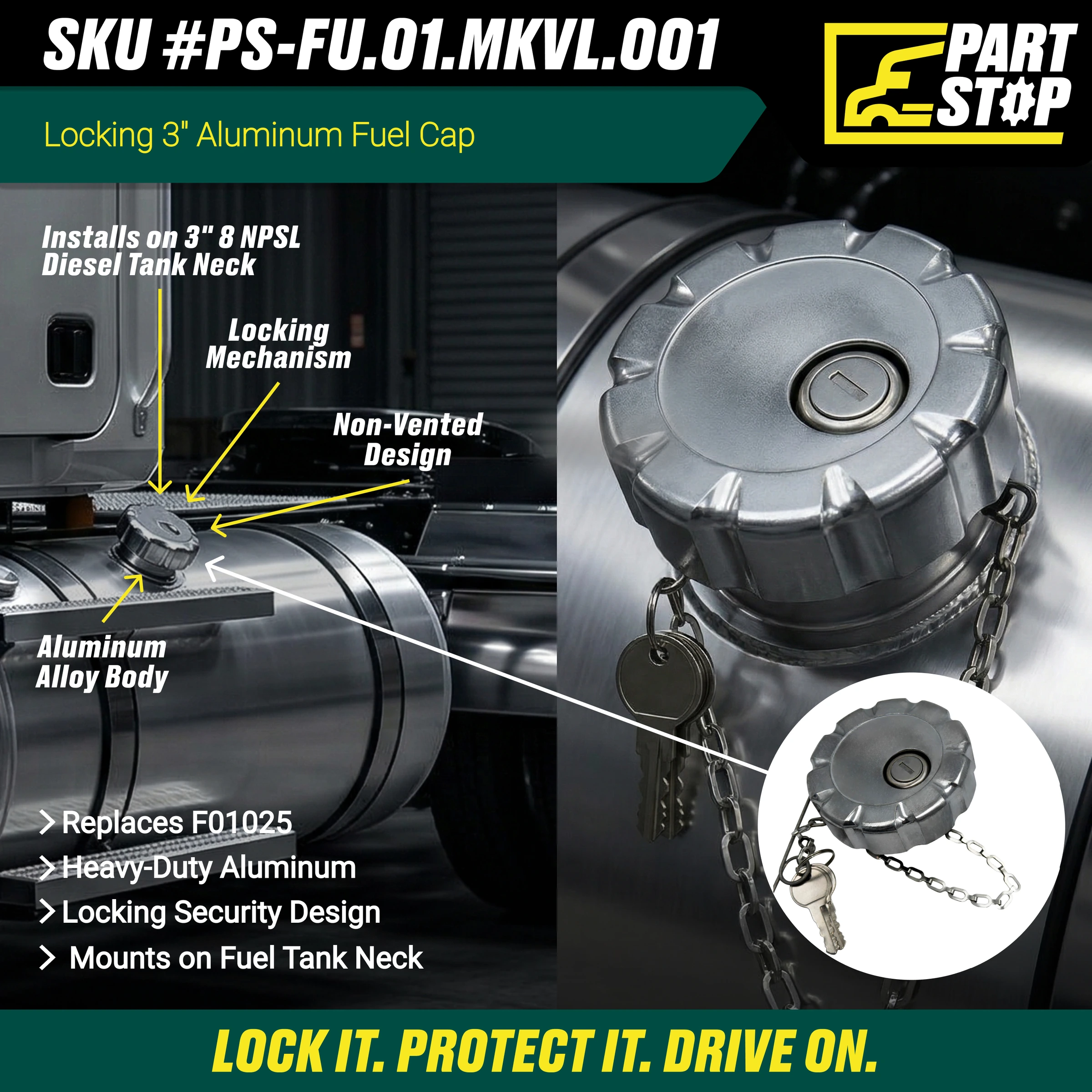 FTAC722 Heavy Duty Fuel Cap Fits Mack Fits Volvo 3 inch 20770657NCL — infographic