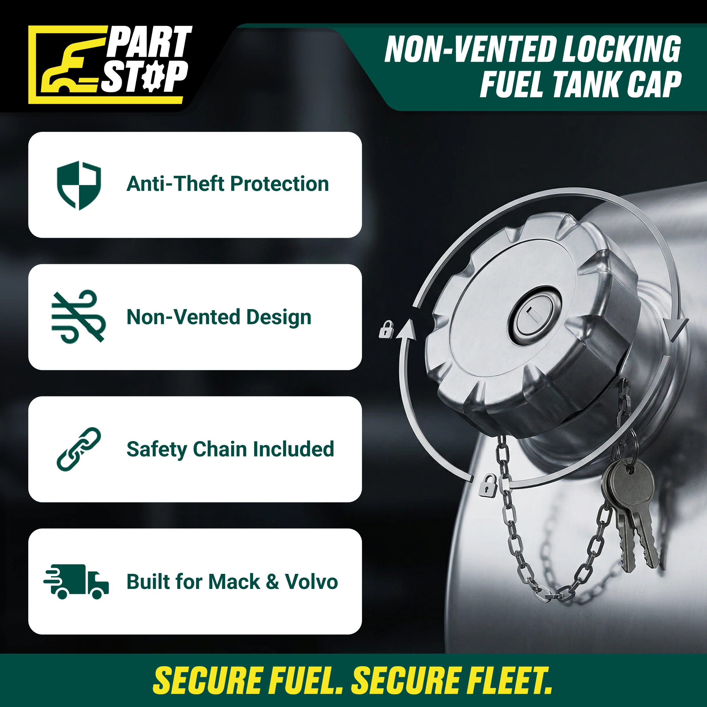 FTAC722 Heavy Duty Fuel Cap Fits Mack Fits Volvo 3 inch 20770657NCL — infographic