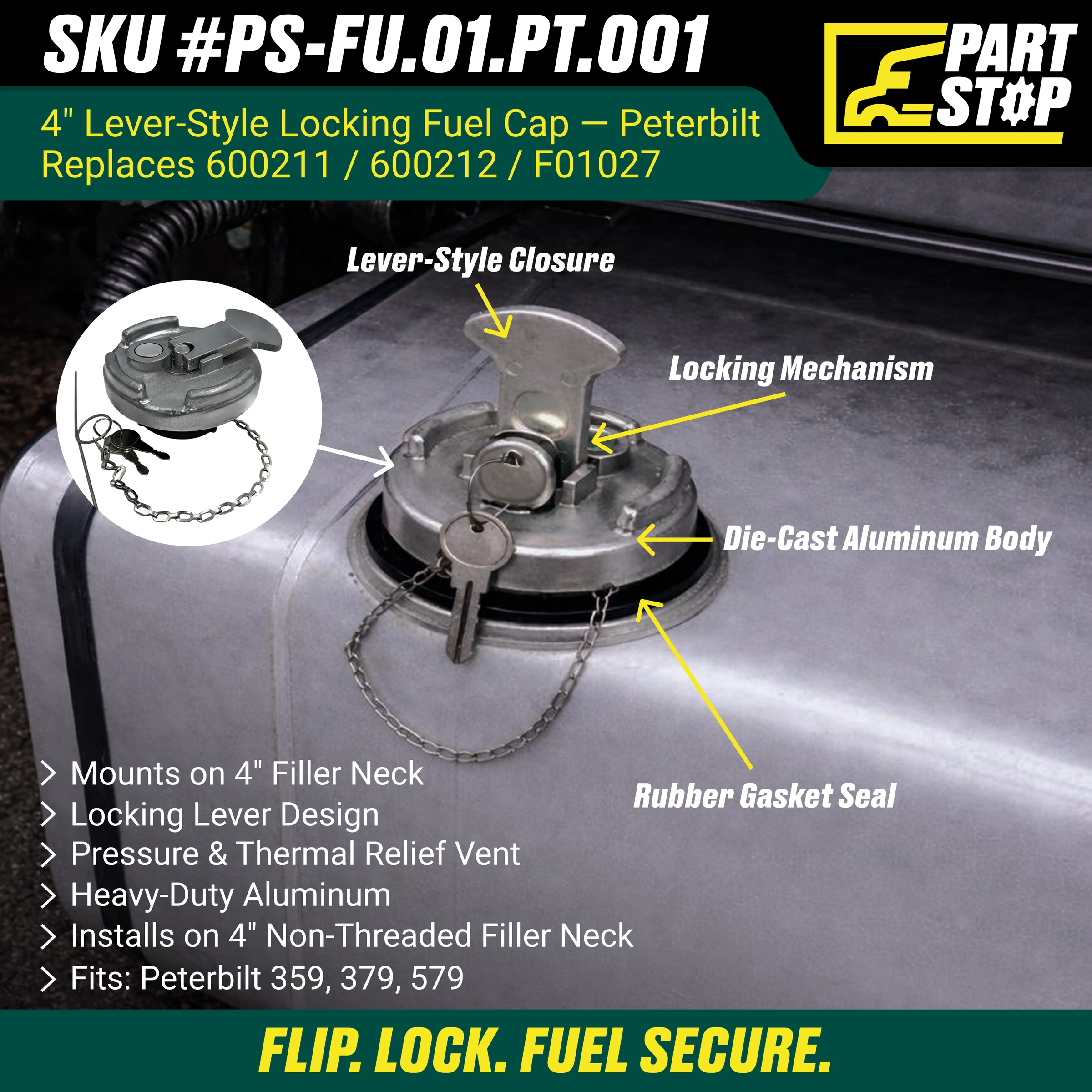 11-04859-200  Fuel Cap Lever Lock 4" Fits Peterbilt etc , 572.1015, 572.1015KA — infographic