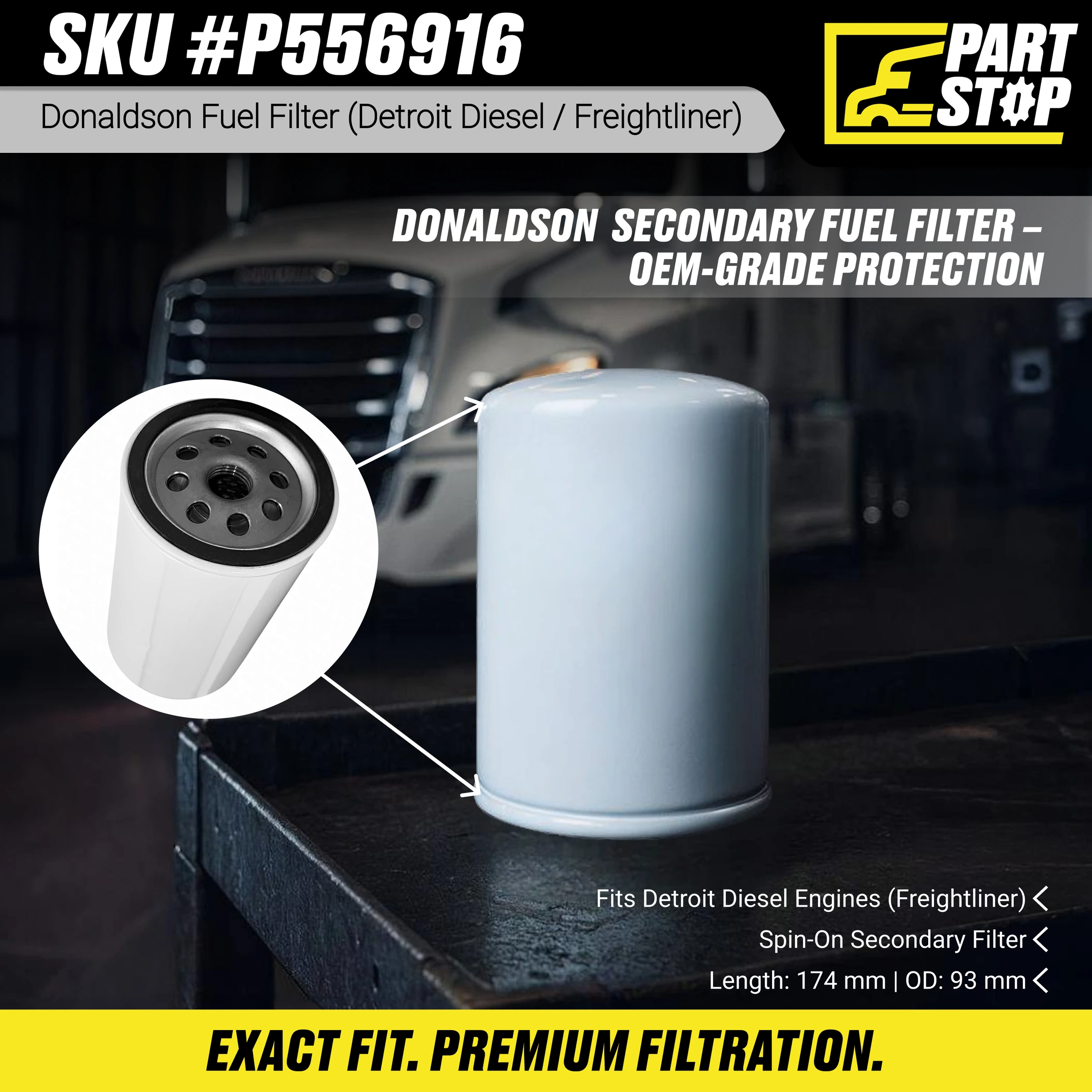 P556916 Diesel Fuel Filter Fits Freightliner DD13 DD15 DD16 — infographic