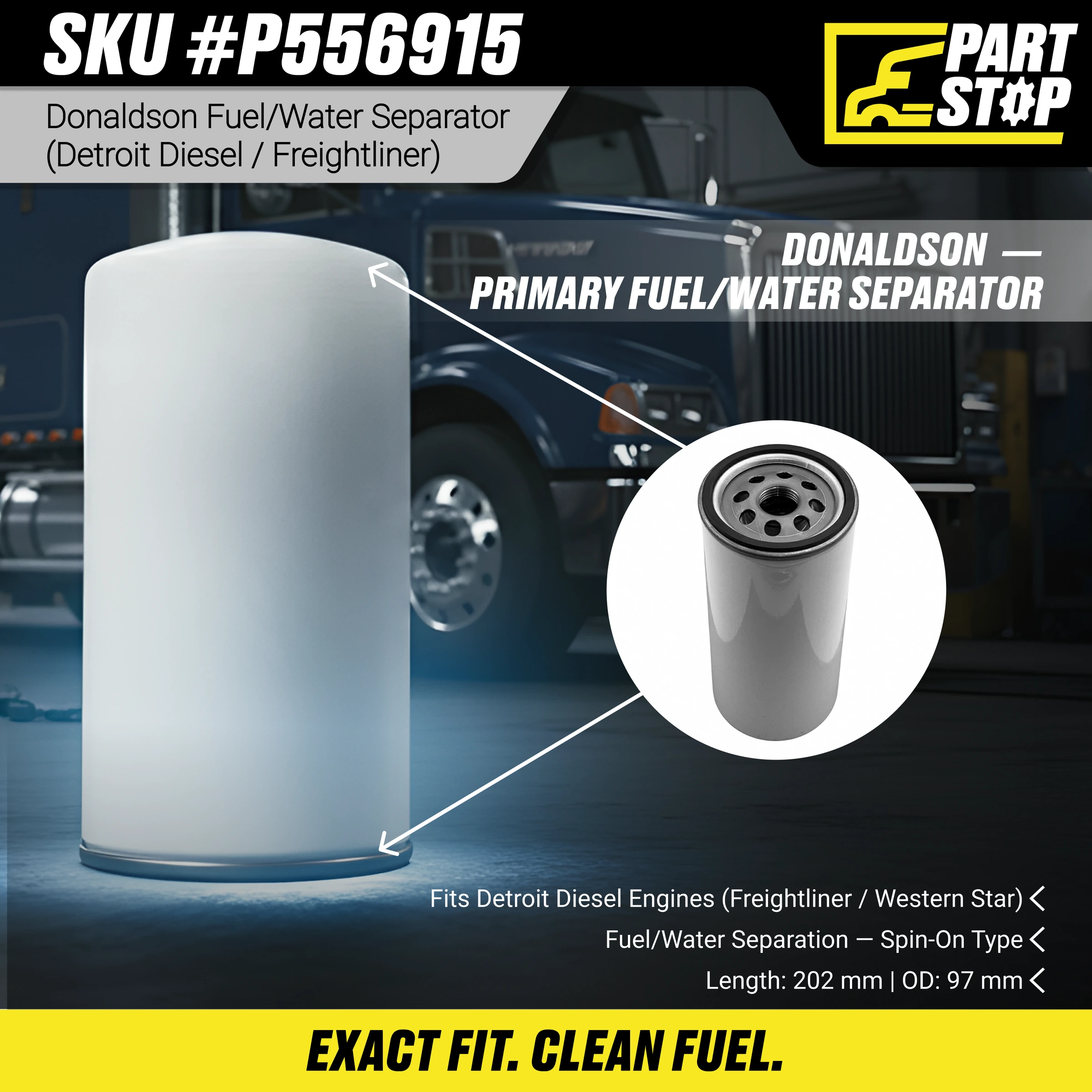Primary Fuel Filter Fits Detroit Diesel P556915, FF5207, LFP815FN — infographic