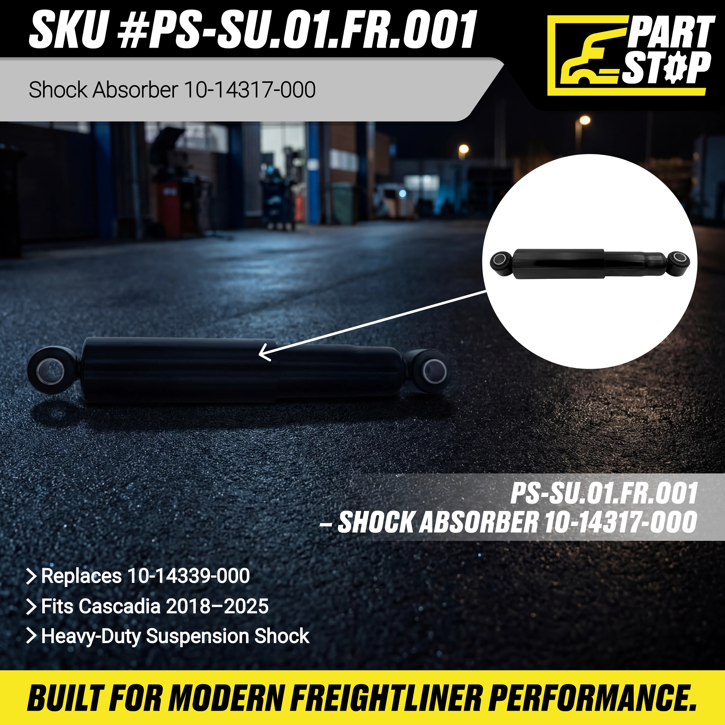10-14339-000 Shock Absorber Fits Freightliner 2014-2024 Heavy-Duty Suspension — infographic