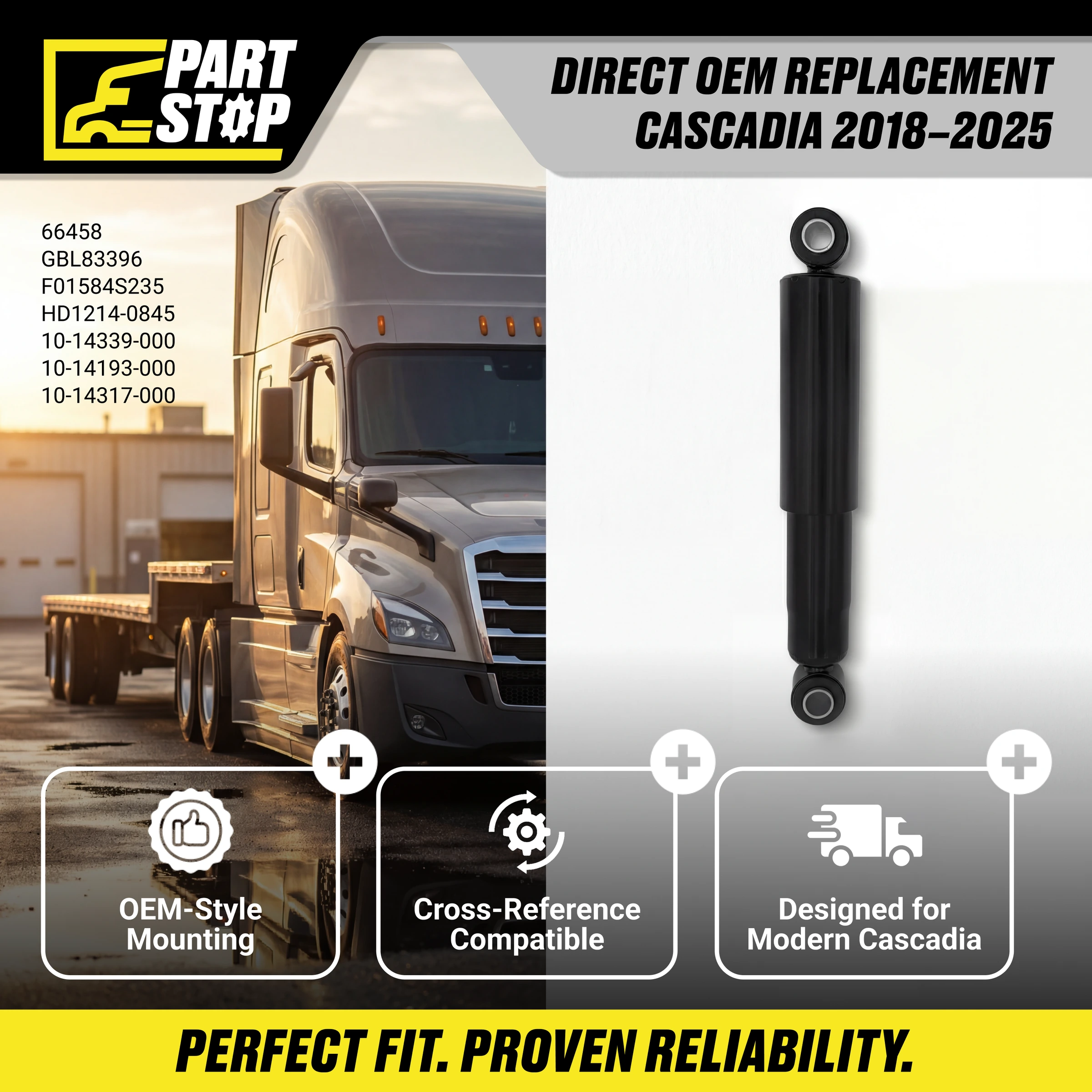 10-14339-000 Shock Absorber Fits Freightliner 2014-2024 Heavy-Duty Suspension — infographic