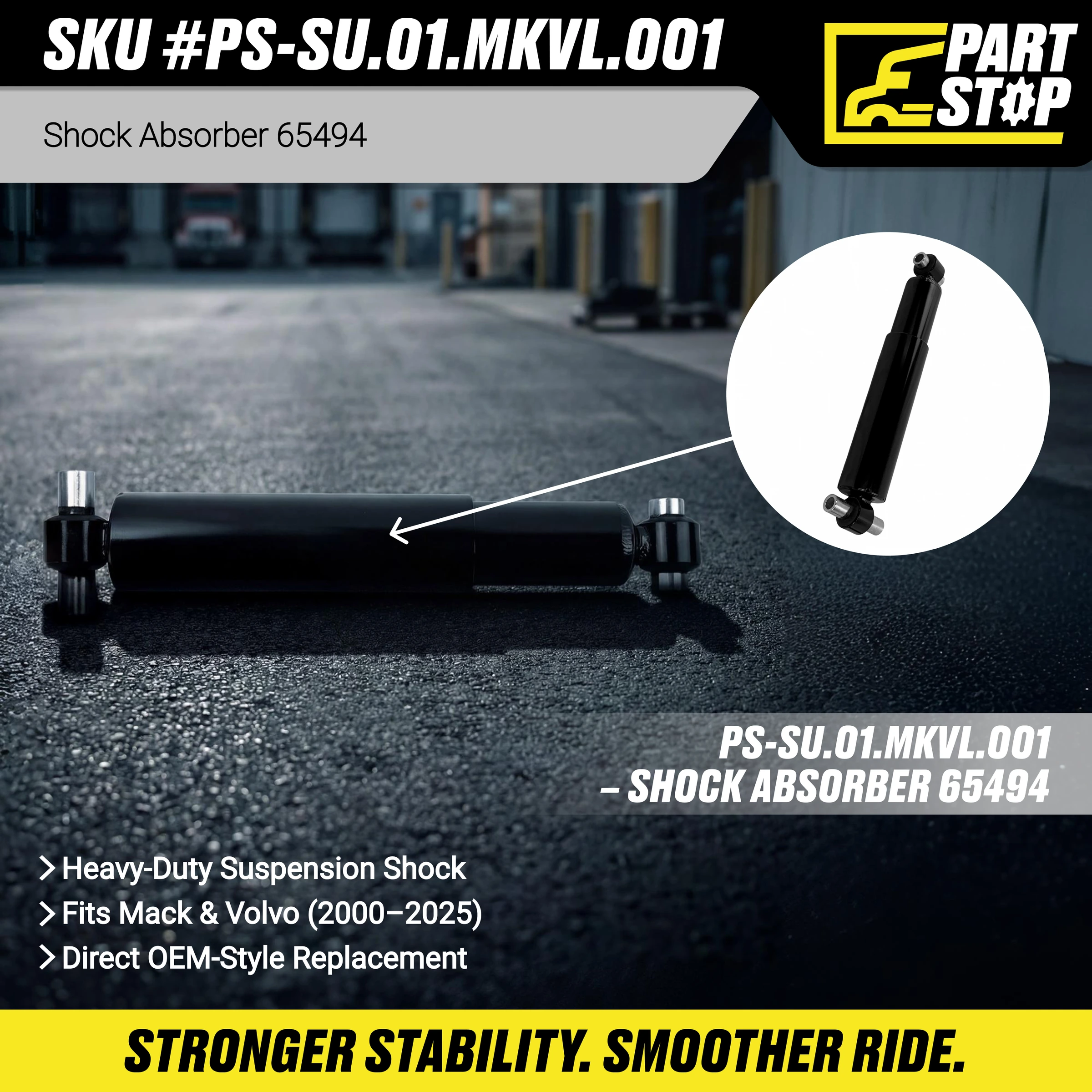 65494 Shock Absorber fits Mack Volvo Heavy-Duty Suspension P — 2-Pack — infographic 1