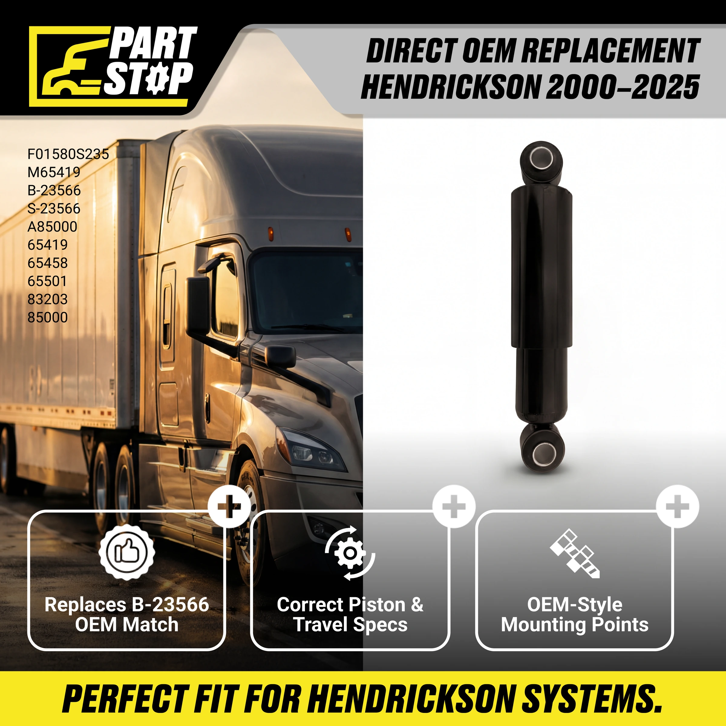 B23566 Shock Absorber Semi Truck  , 89440 , S23566, S24023, S24088, 341625 — infographic