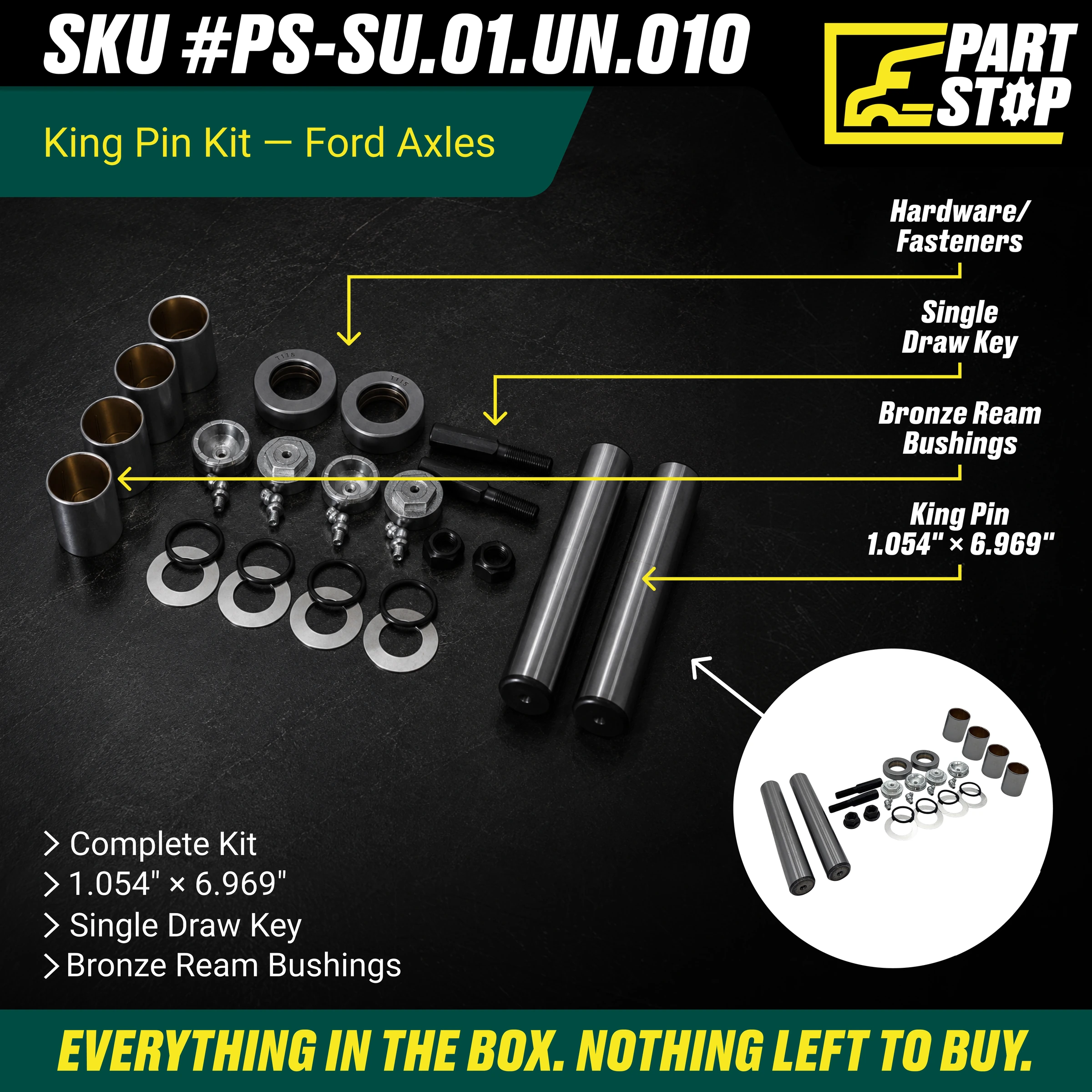 King Pin Kit for Ford Axle Meritor Bronze Ream 6.969" Length , R200062 — infographic