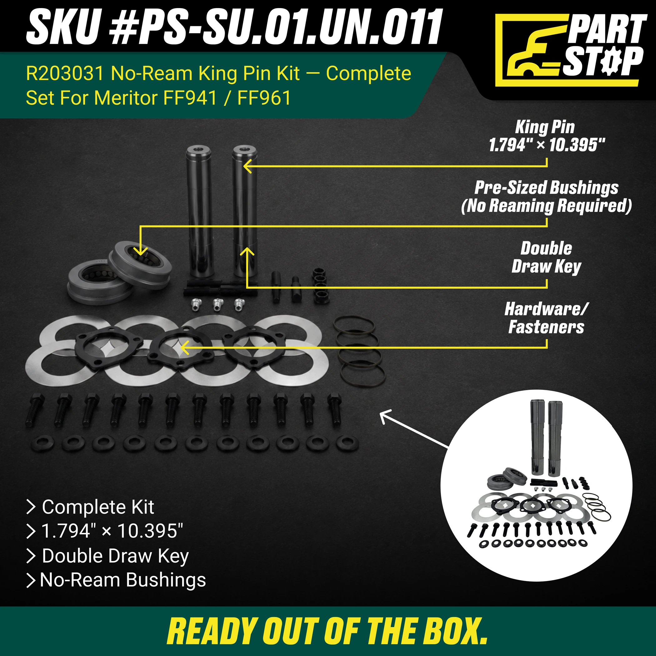 King Pin Kit for Front Axle fits Volvo FF941 FF961 Front Axle 70.961.12 1115275S1 , R203031 — infographic