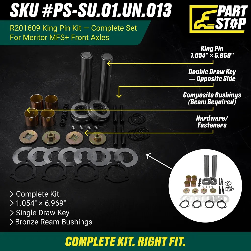 R201609 King Pin Kit for Meritor MFS+ Front Axle Double Draw Key Composite — infographic