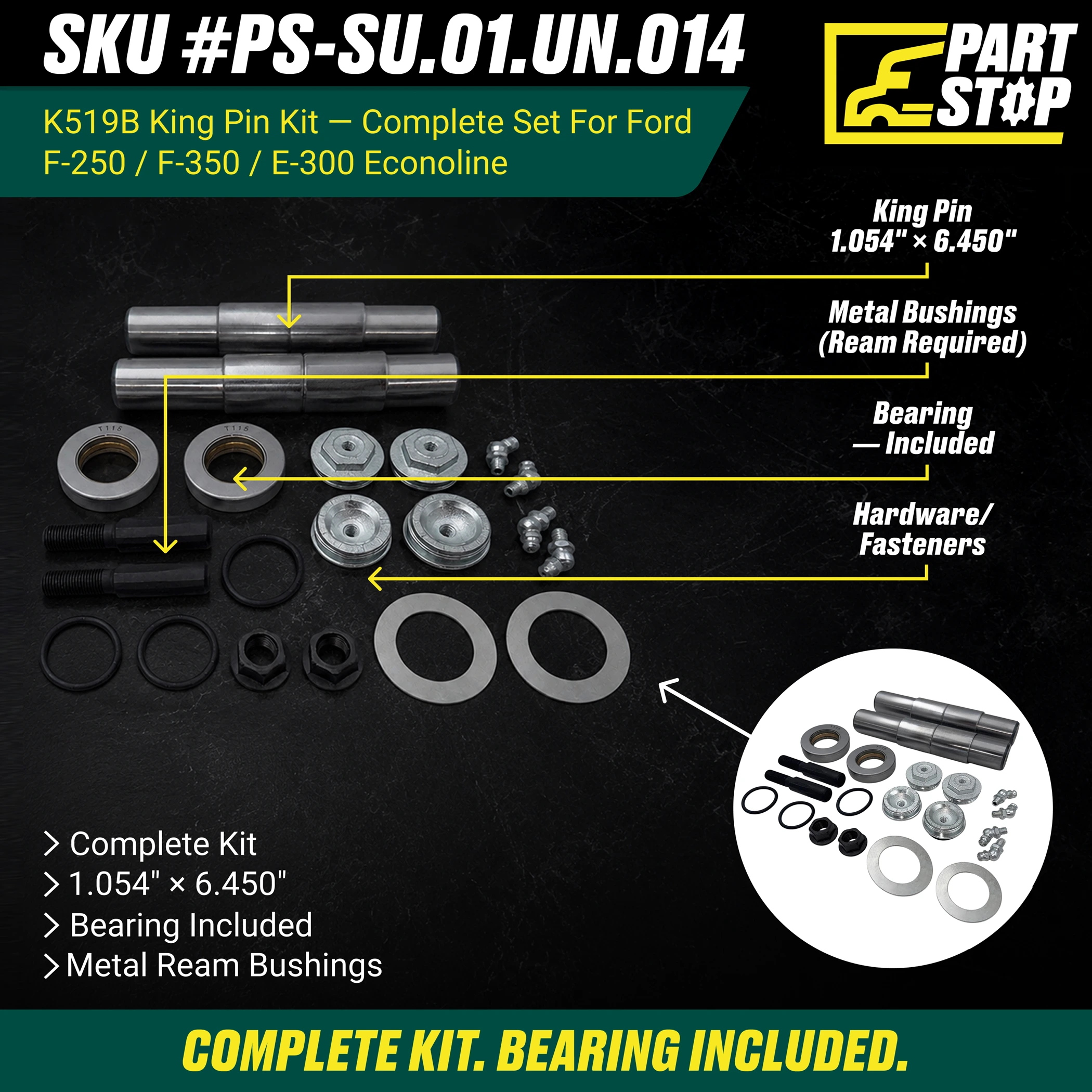 Steering King Pin Set, 8555B, FAK4482, 262-1502, 300-201 FORD C7TZ-3111 , R200039 — infographic
