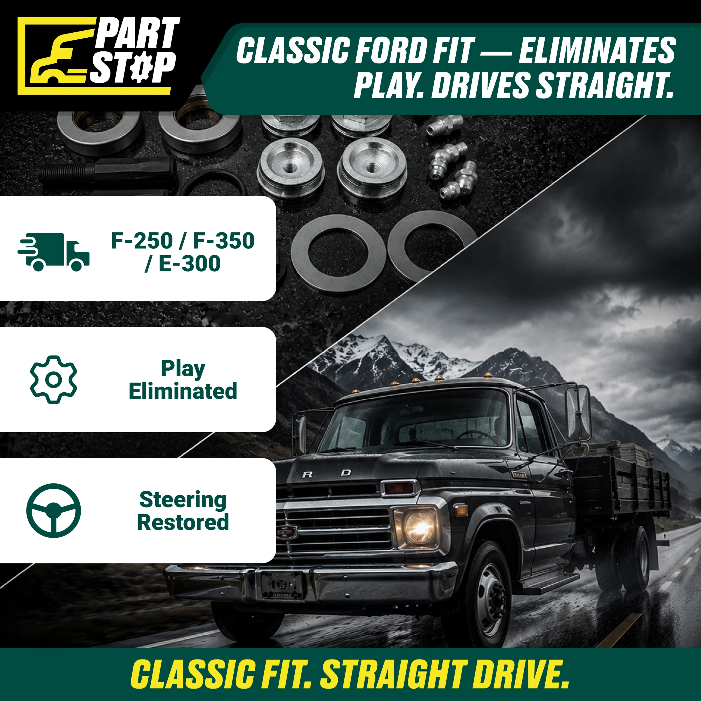 Steering King Pin Set, 8555B, FAK4482, 262-1502, 300-201 FORD C7TZ-3111 , R200039 — infographic