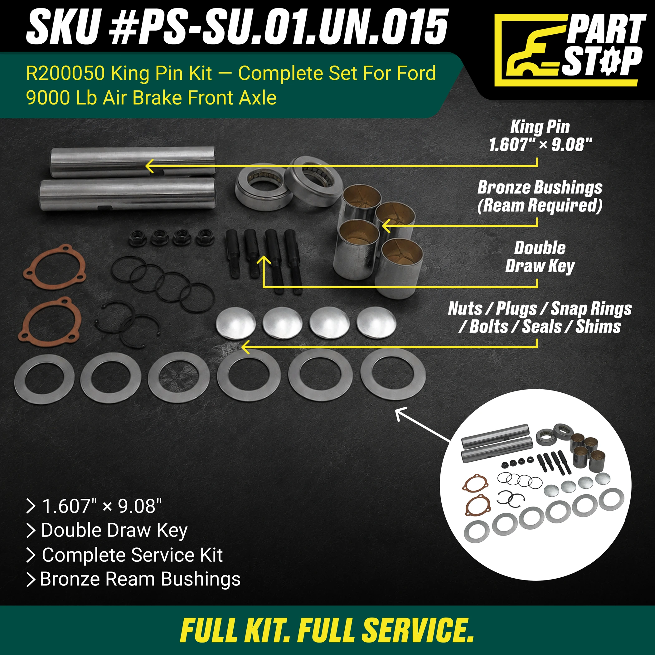 King Pin Kit Air Brake Front Axles for Ford 9000 lb SP621551, KPK1044 , R200050 — infographic