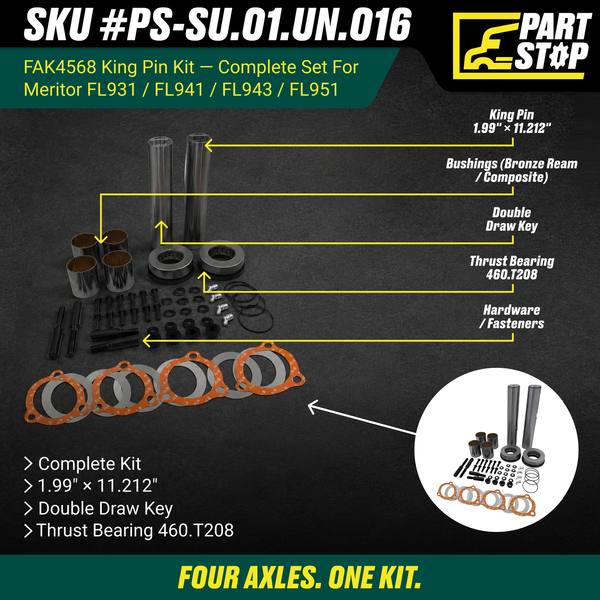 R201312 King Pin Kit for Meritor 460.166C , 597258C91 Steer Axles R200198 — infographic
