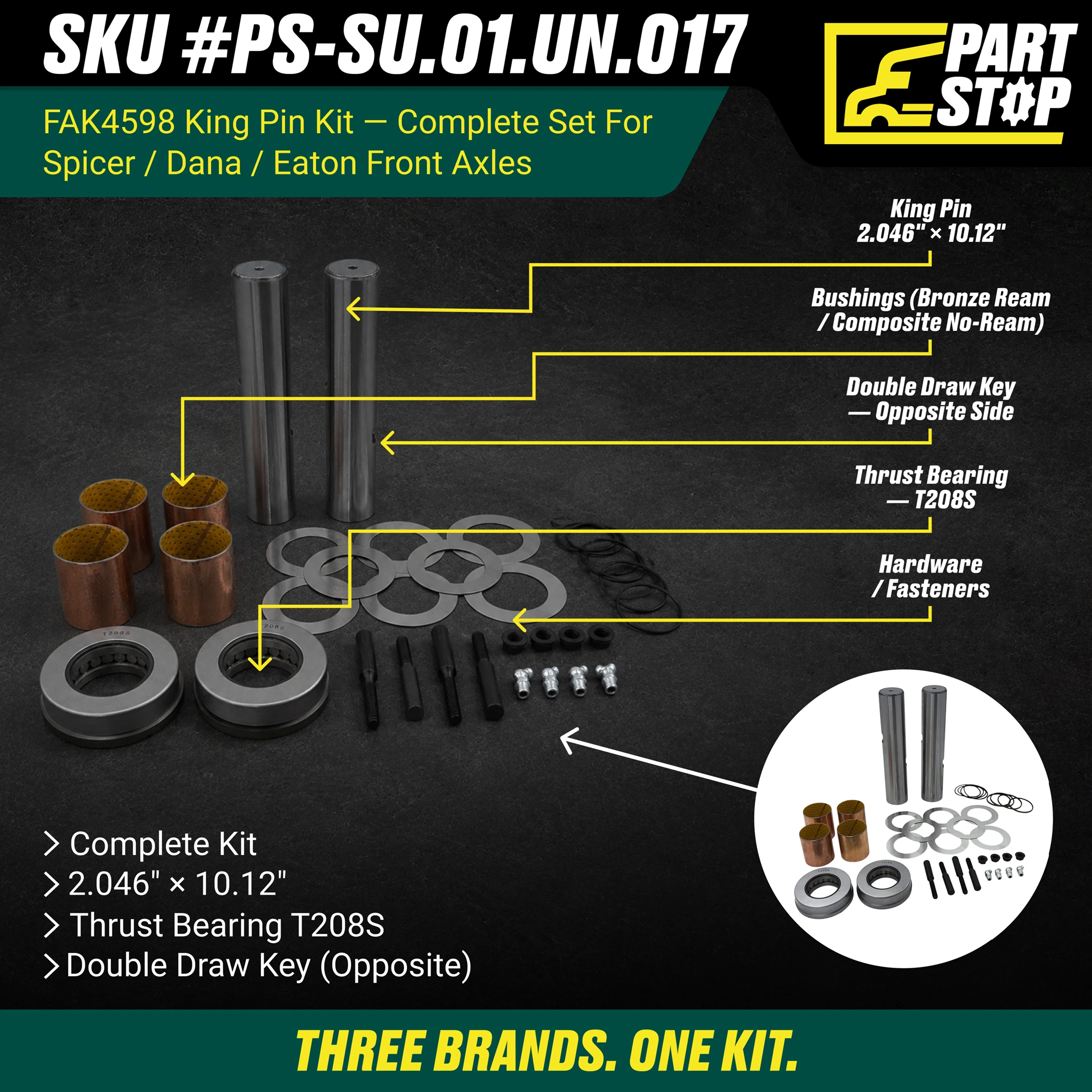 King Pin Kit for Spicer Dana Eaton Front Steering Axles 460.512C, 80077B,R201427 — infographic