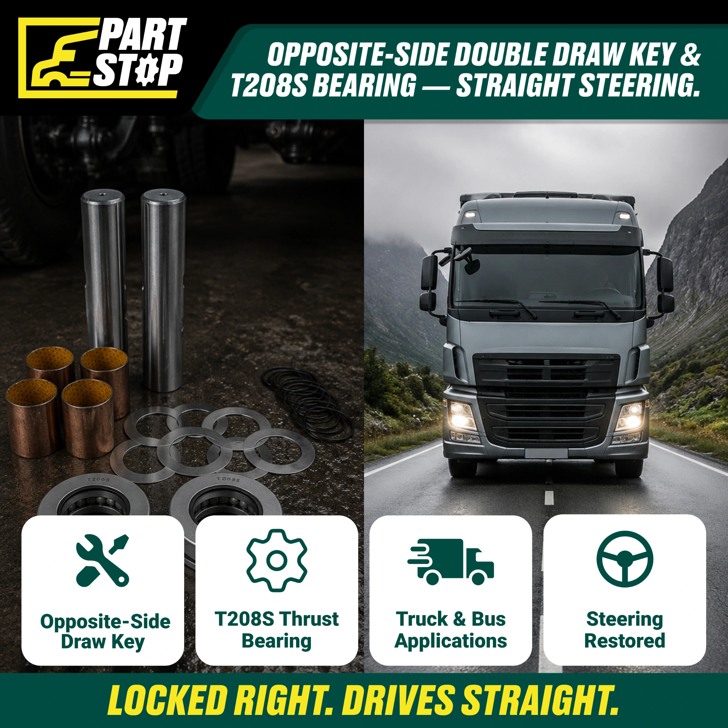 King Pin Kit for Spicer Dana Eaton Front Steering Axles 460.512C, 80077B,R201427 — infographic