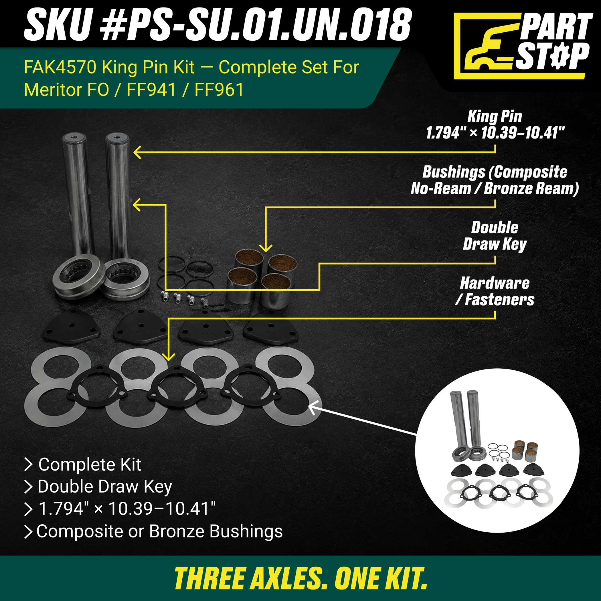 King Pin Kit for  Front Steer Axles K961L, 460.246B, 1300, 577684C91, R201315 — infographic