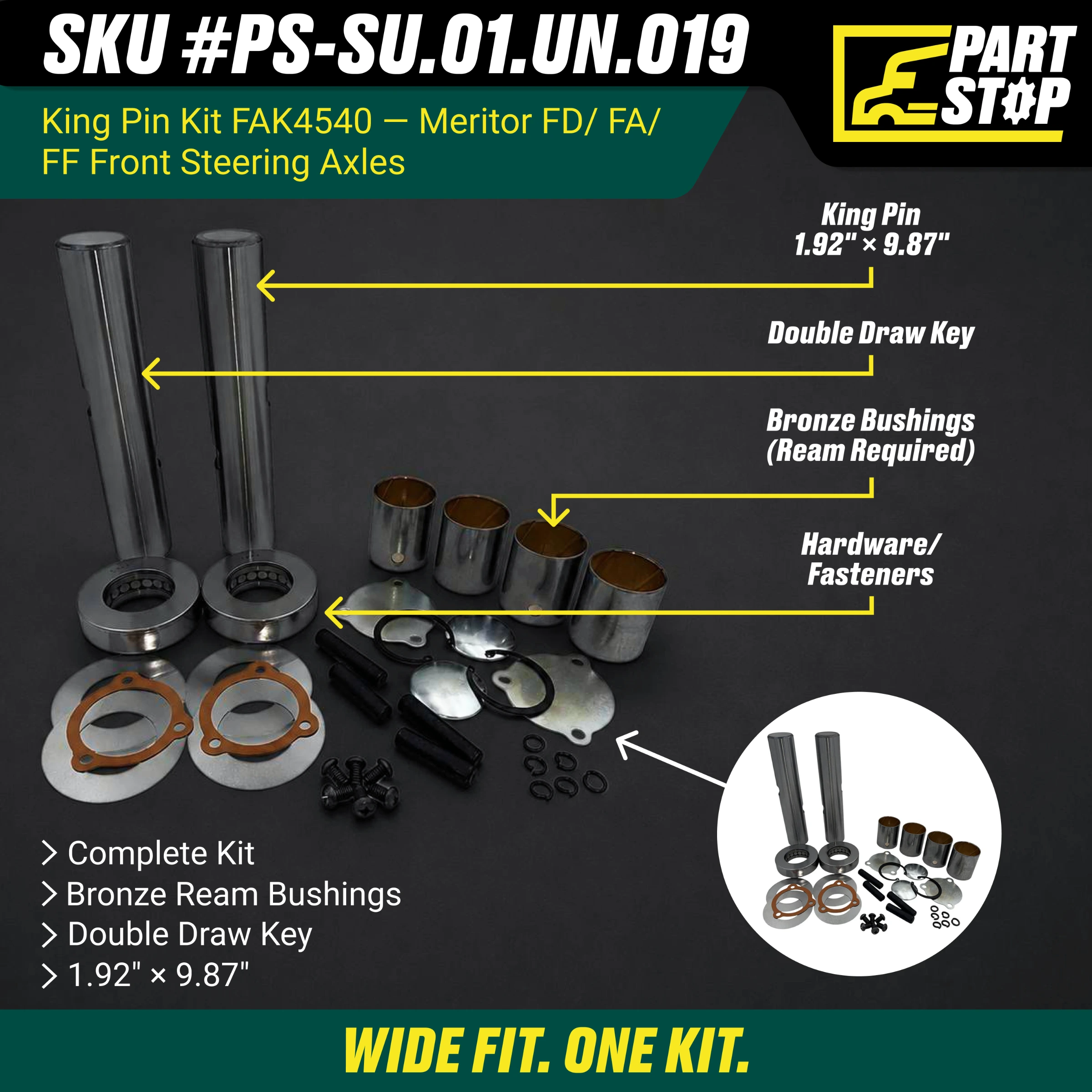 Steering  King Pin Kit for  Meritor K139I, 460.512C, 491611C91 472094C91,R200055 — infographic
